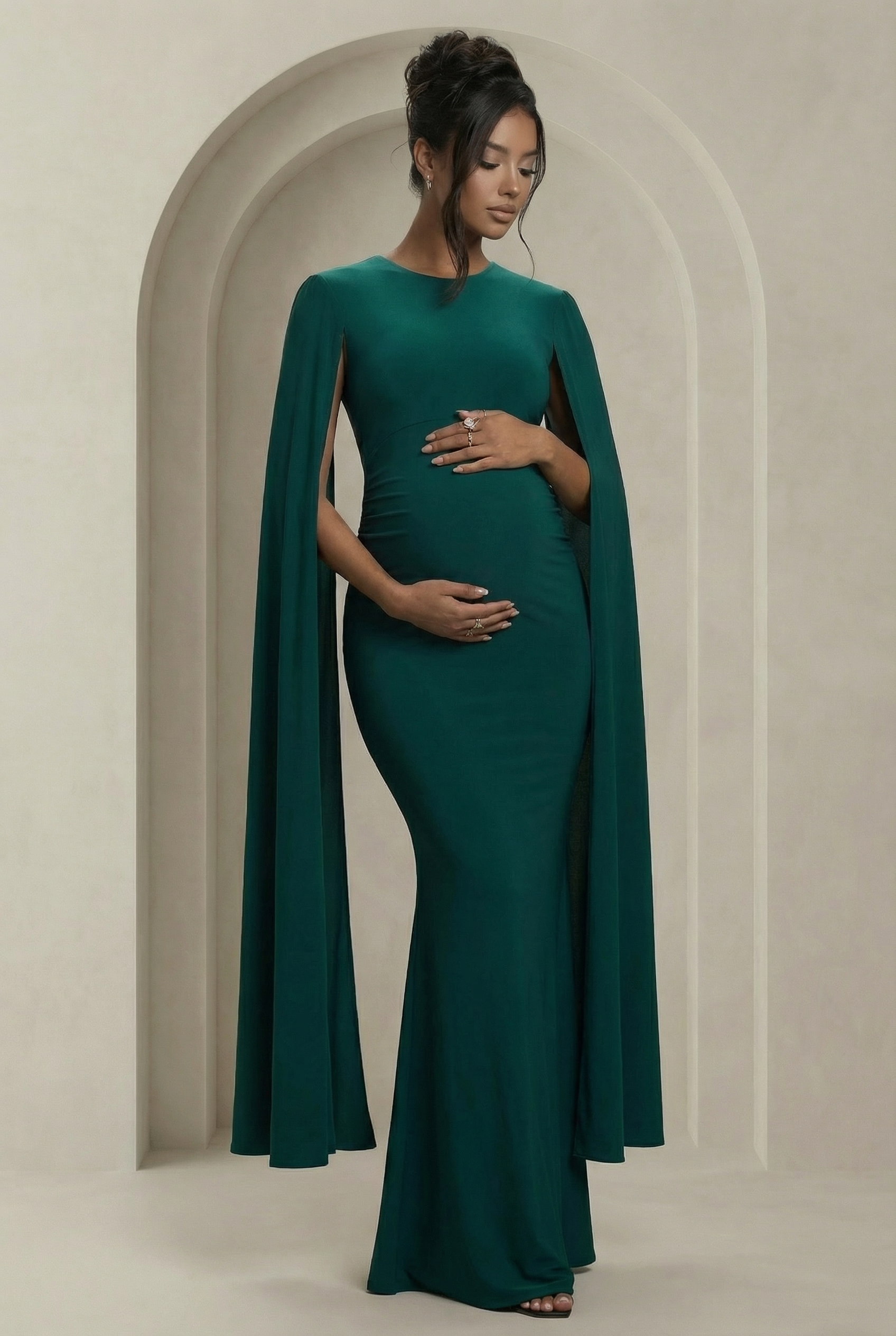 Quiet Grace | Green Maternity Maxi Dress with Cape Sleeves