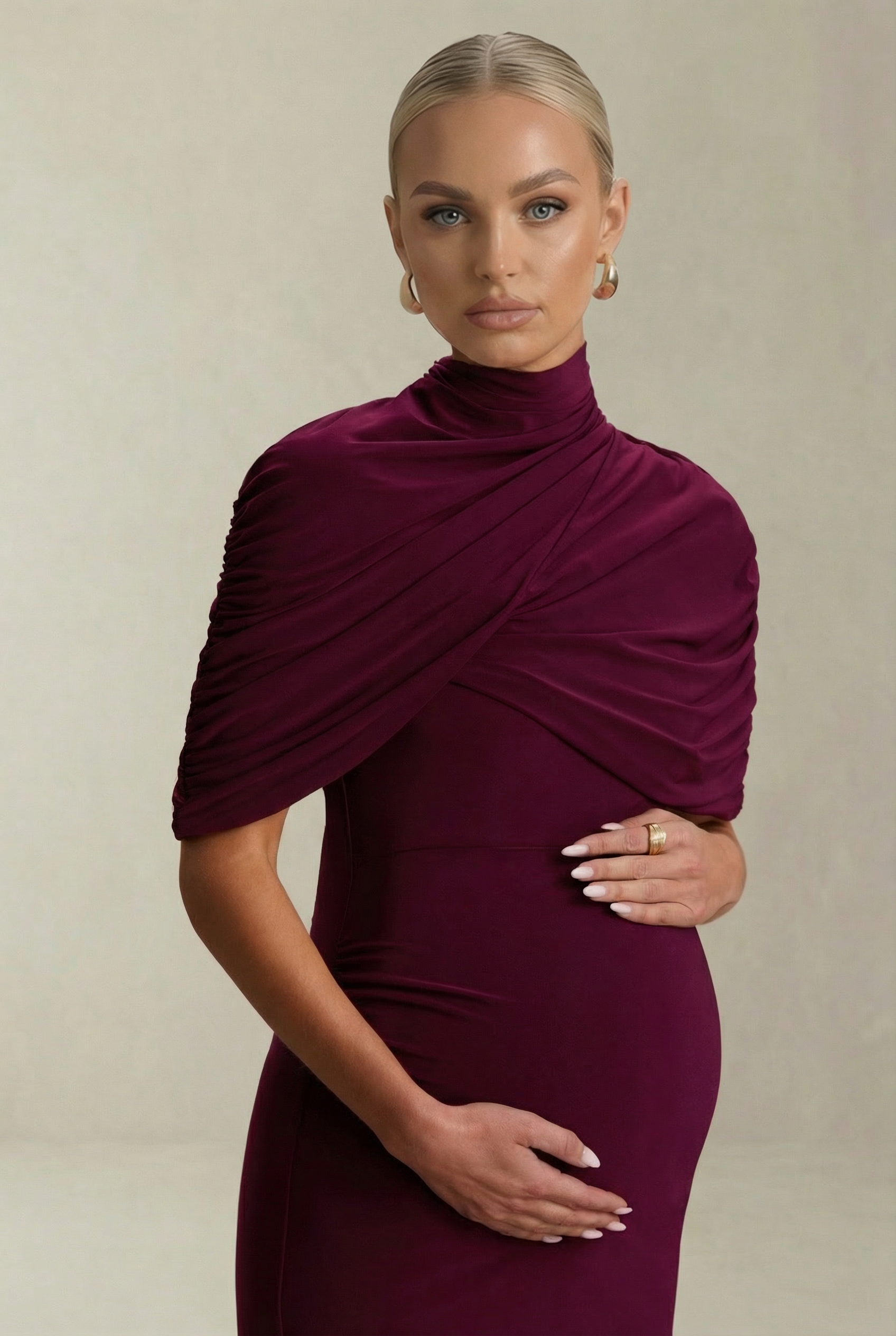Celestine | Burgundy Maternity Midi Dress with Cape Sleeves
