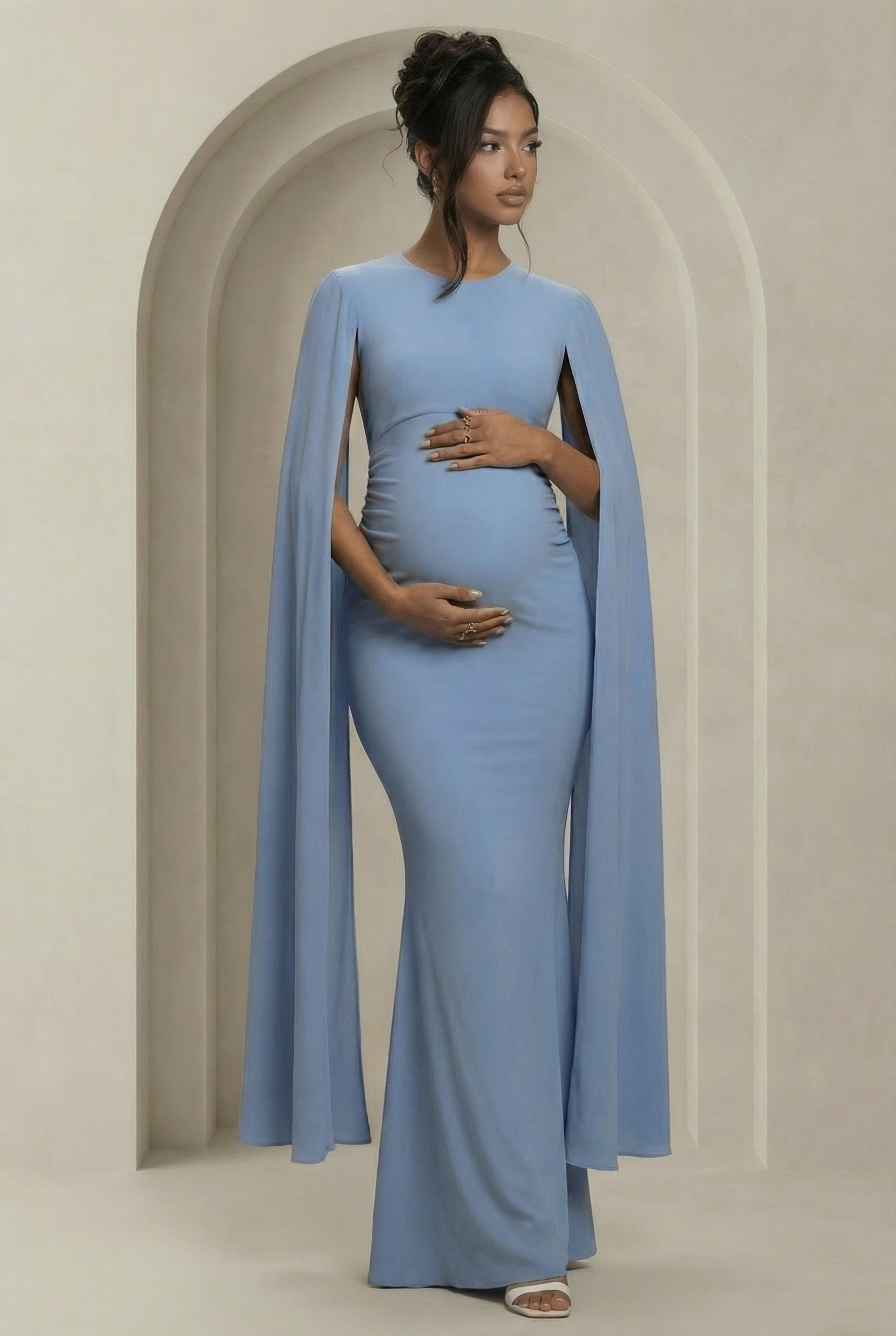 Quiet Grace | Baby Blue Maternity Maxi Dress with Cape Sleeves