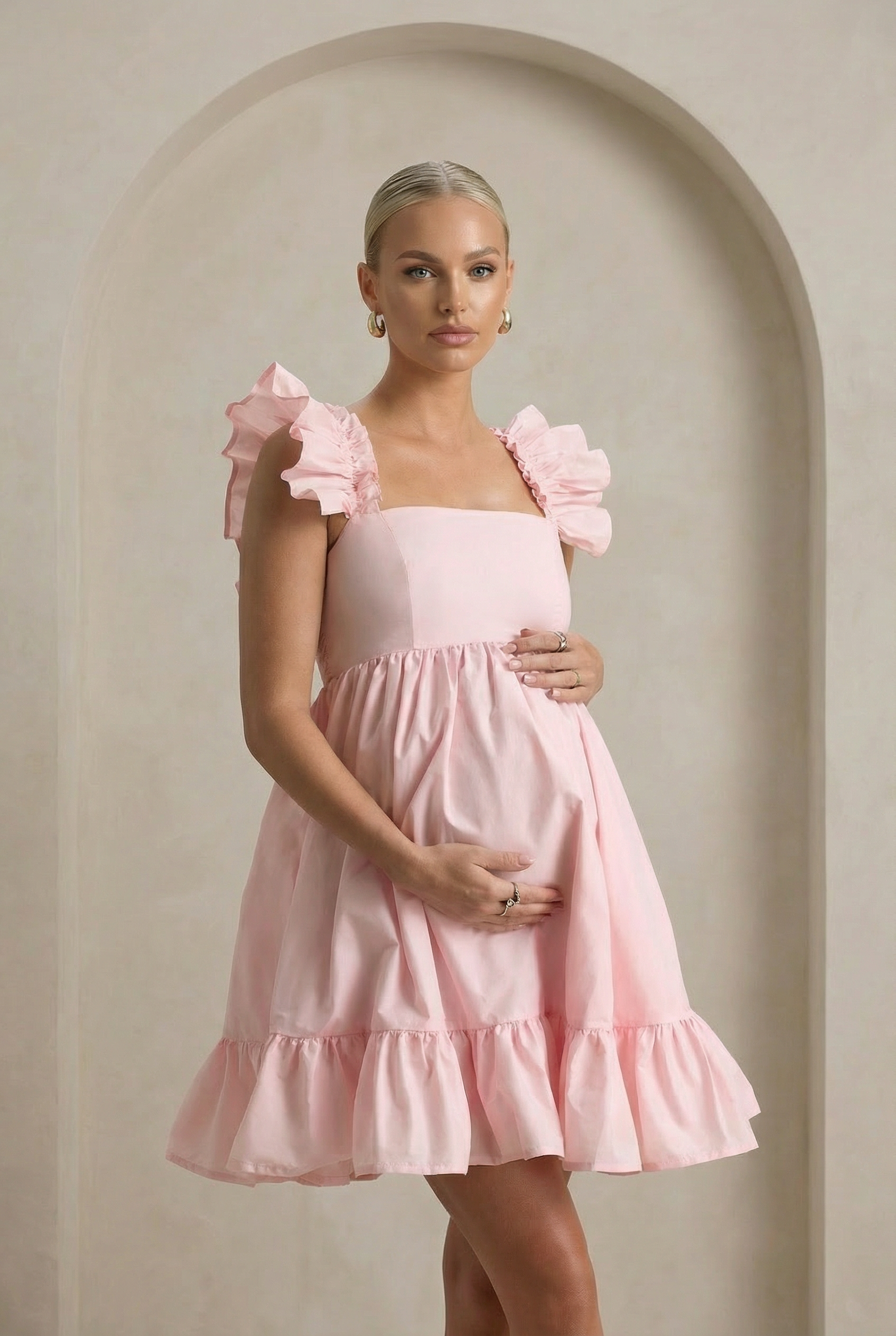 Lottie Bloom | Pink Blush Ruffle-Sleeve Babydoll Maternity Mini Dress