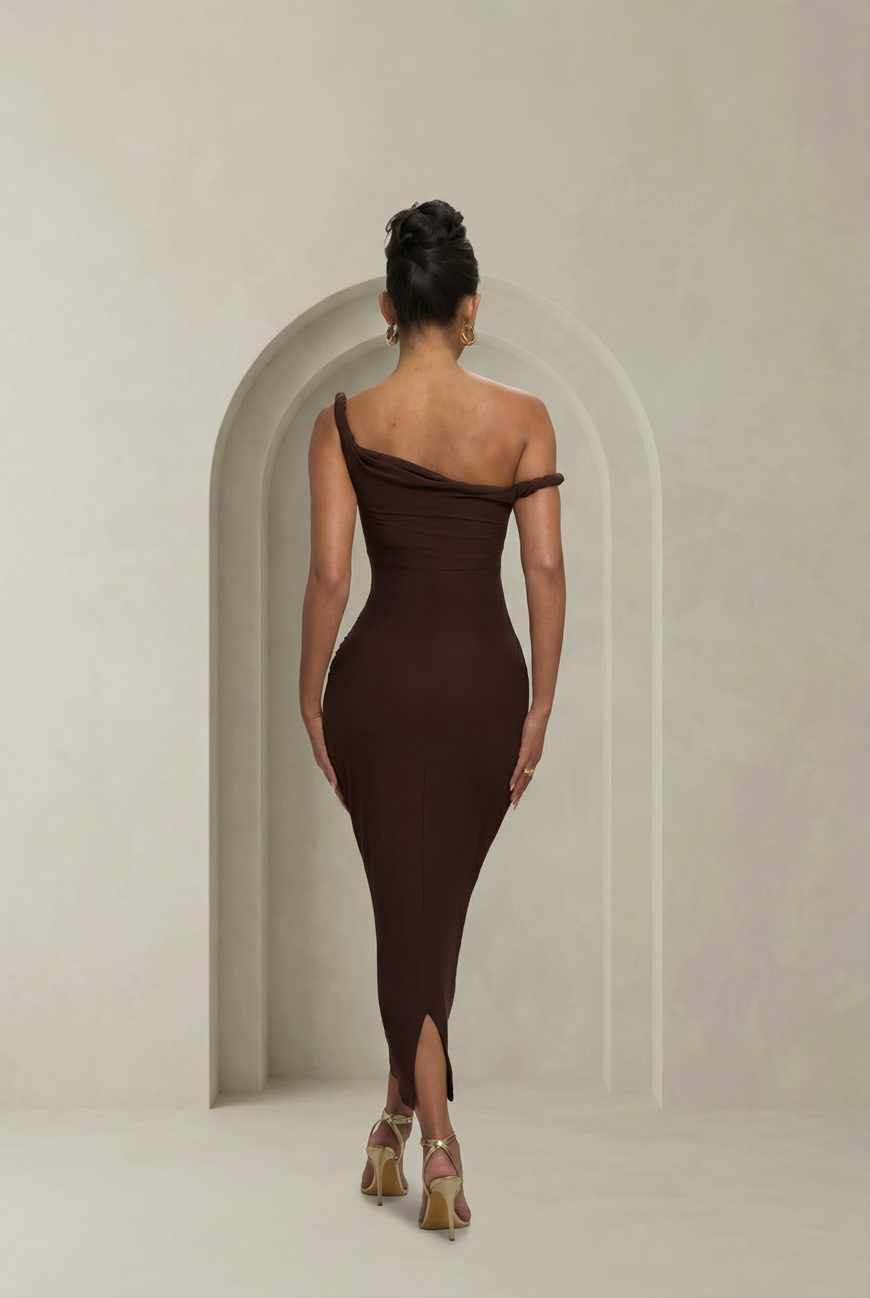 Noemi | Brown Choco Twisted Asymmetric Maternity Midi Dress