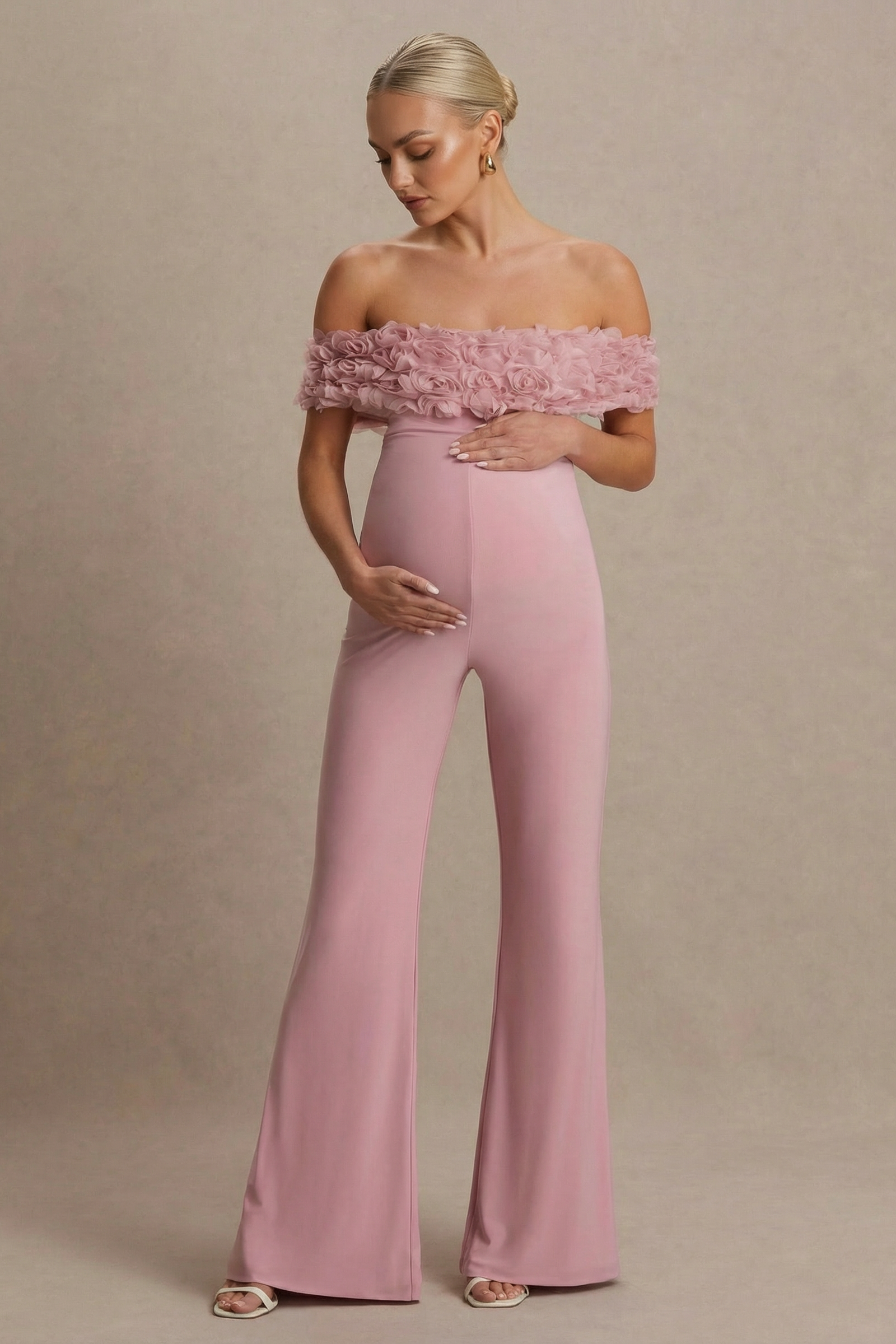Rosaline | Pink Blush Bardot Maternity Jumpsuit with Corsage Detail
