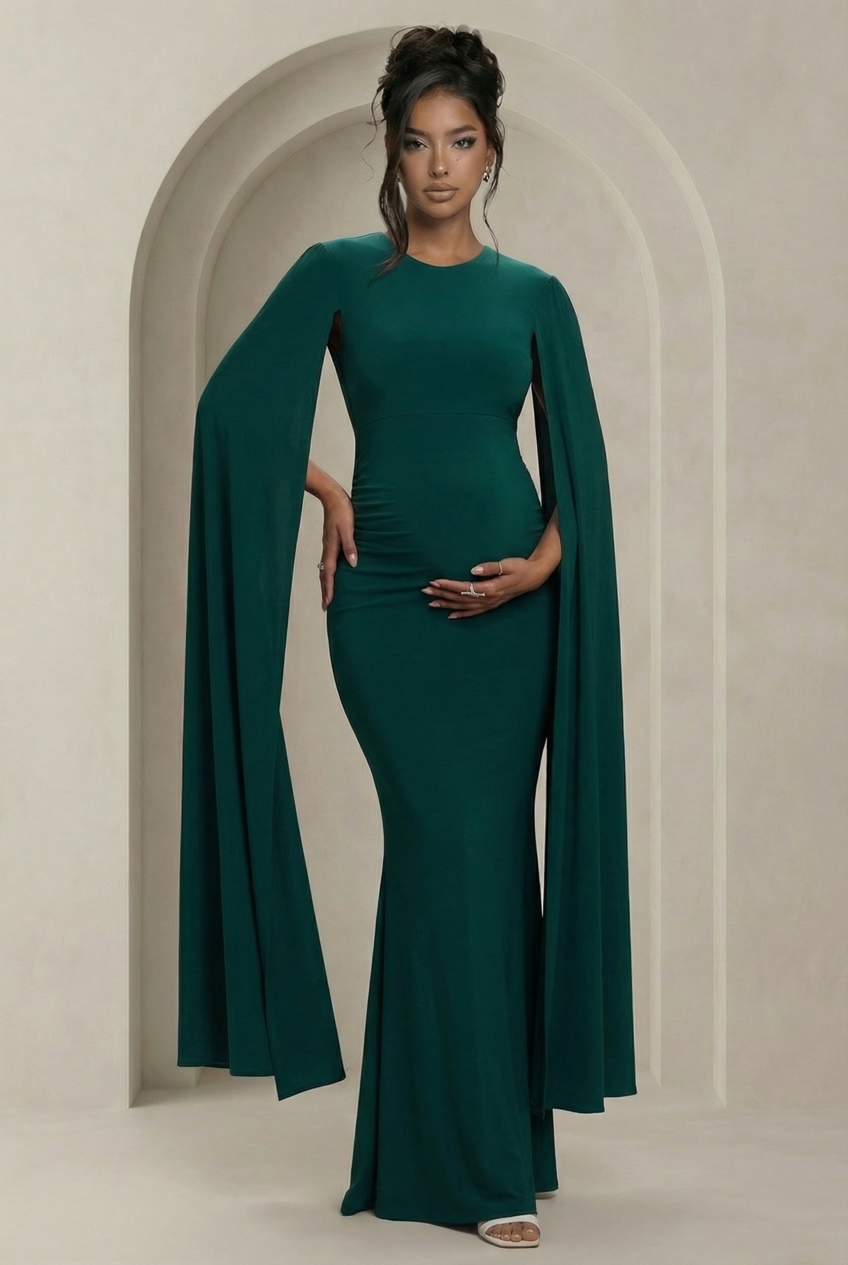 Quiet Grace | Green Maternity Maxi Dress with Cape Sleeves