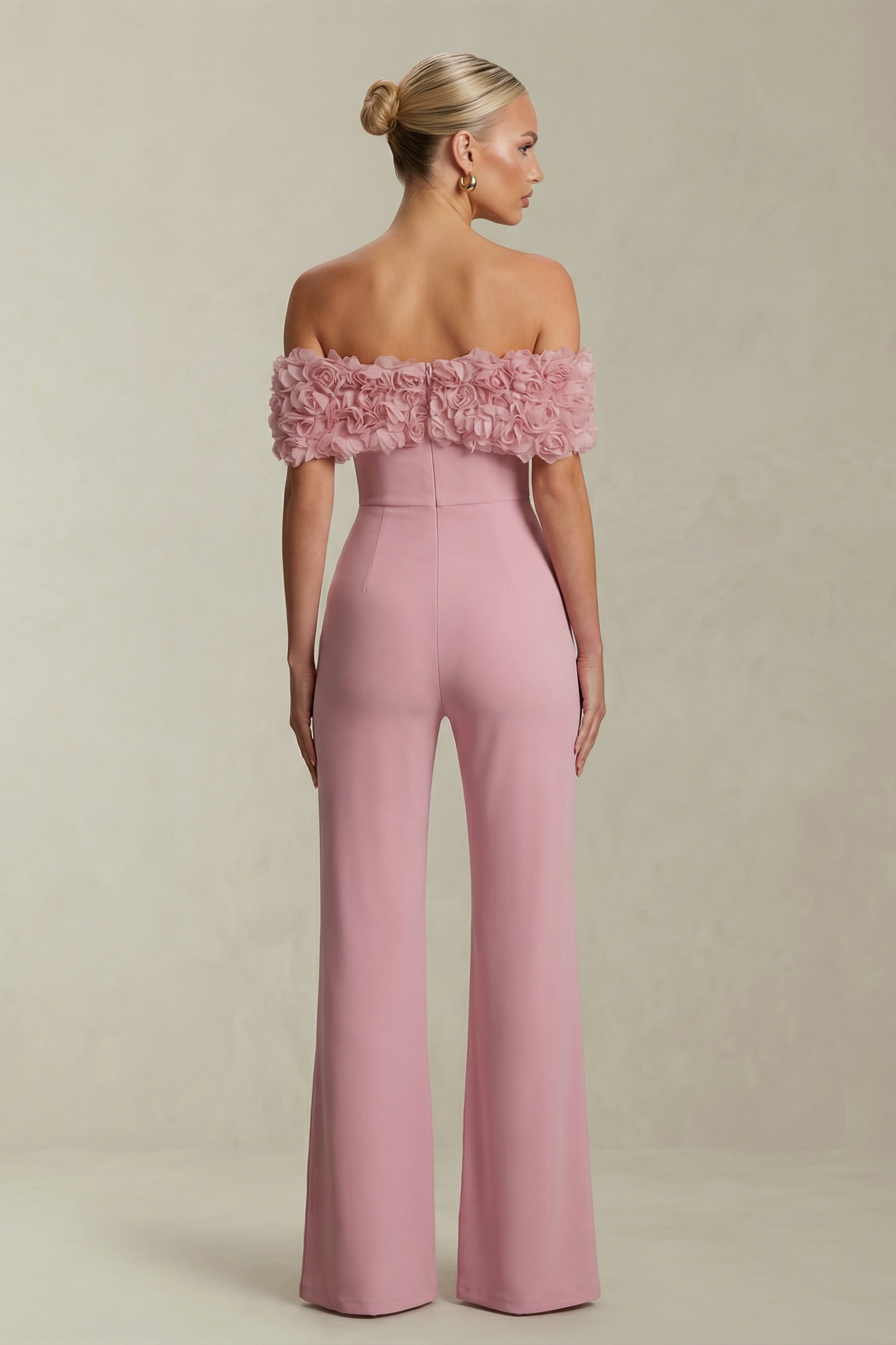 Rosaline | Pink Blush Bardot Maternity Jumpsuit with Corsage Detail