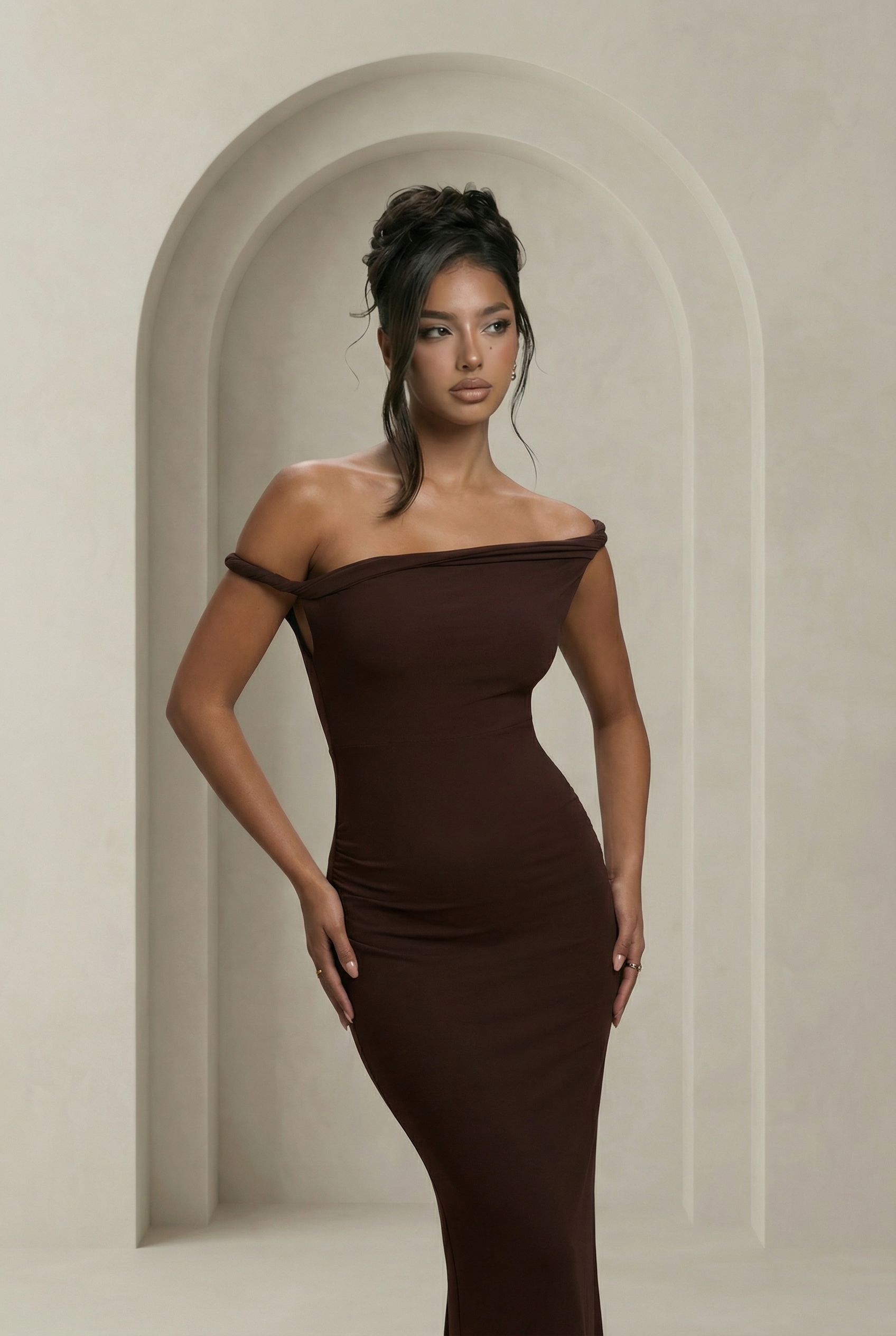 Noemi | Brown Choco Twisted Asymmetric Maternity Midi Dress