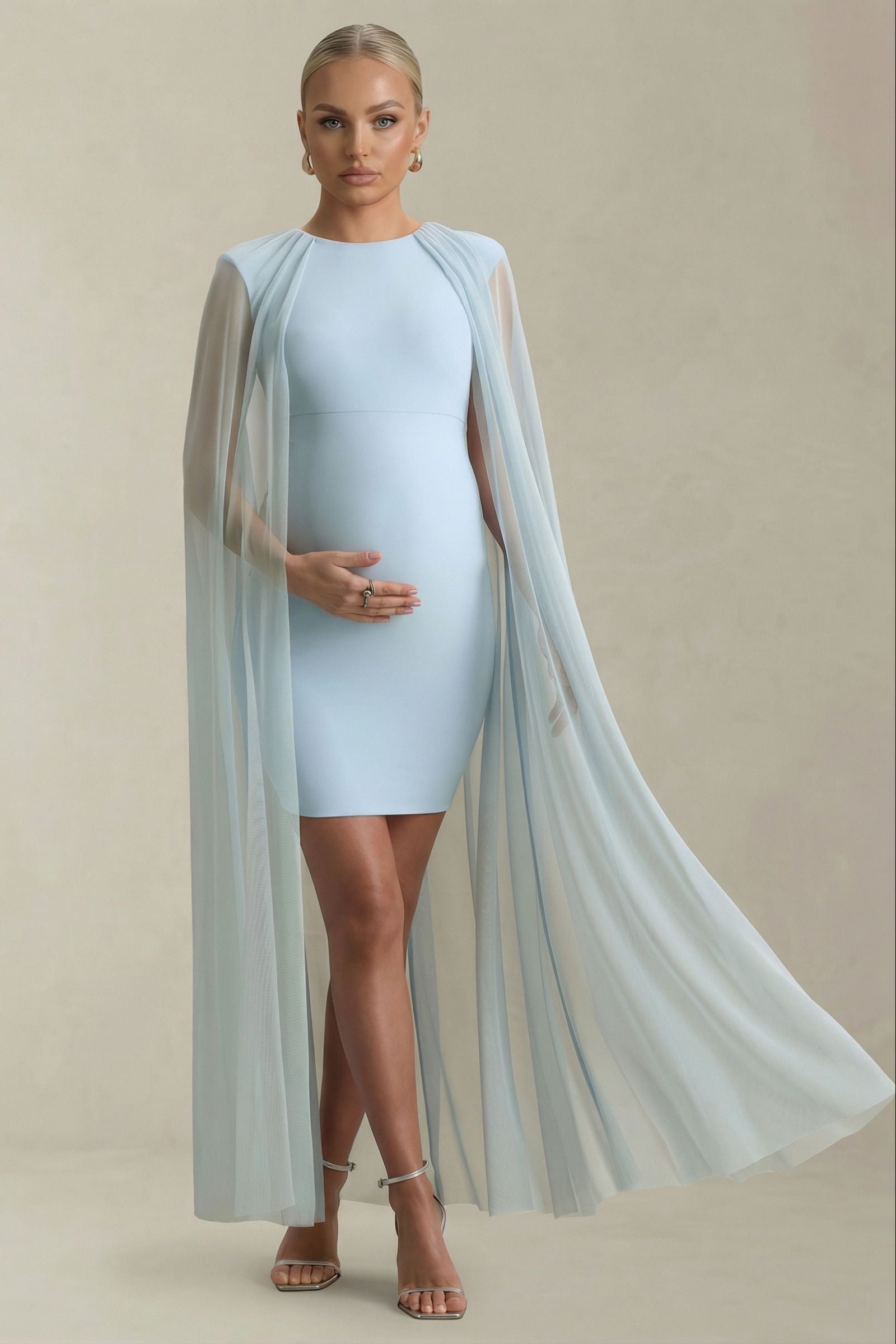 Etherea | Baby Blue High-Neck Maternity Mini Dress with Mesh Cape