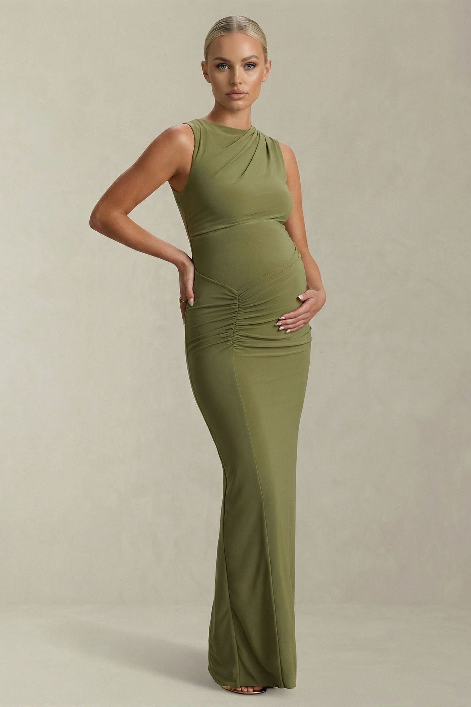 Astra | Olive Green Boat-Neck Maternity Maxi Dress with Gathered Detailing