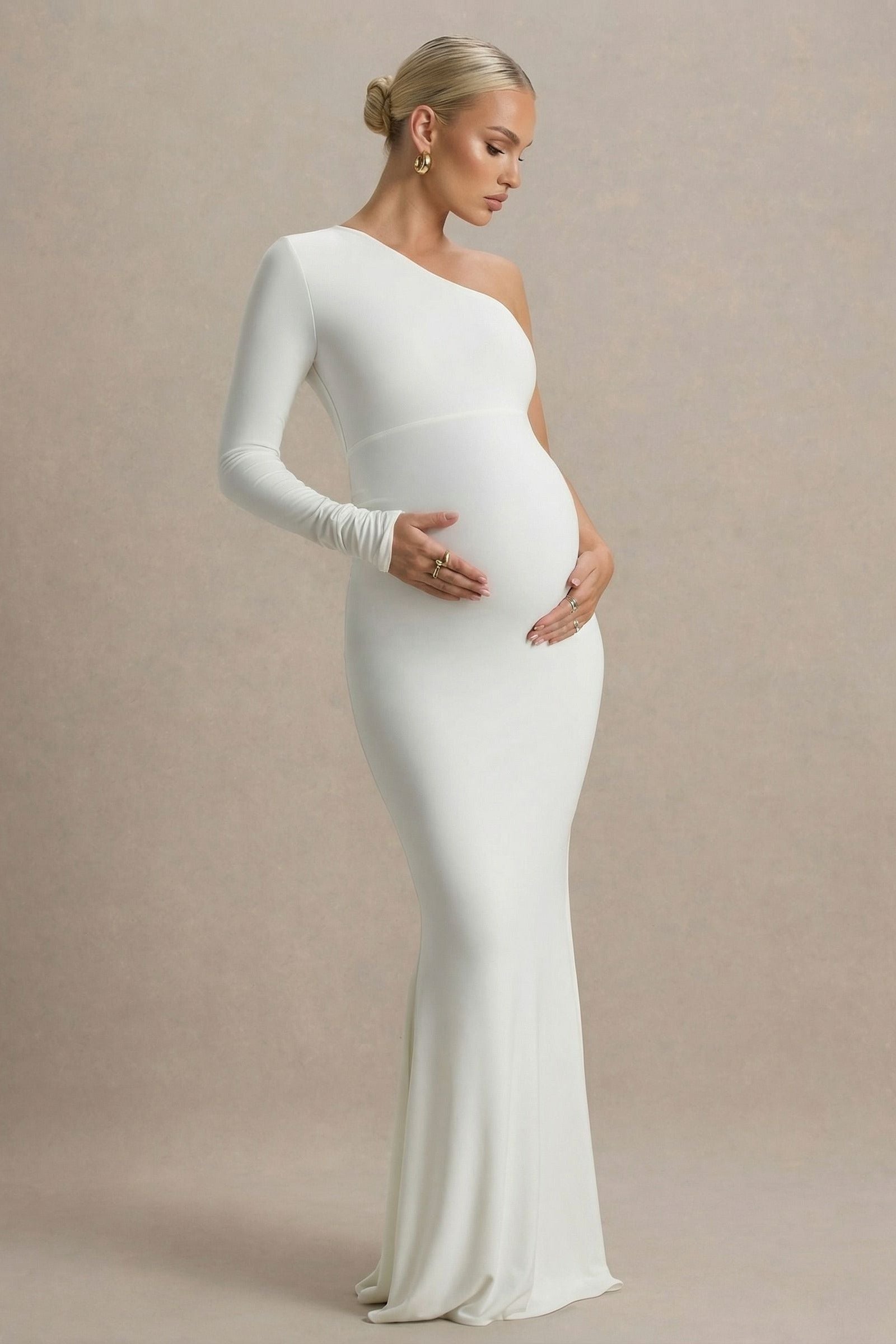 Elaraine | White Asymmetric One-Sleeve Maternity Maxi Dress