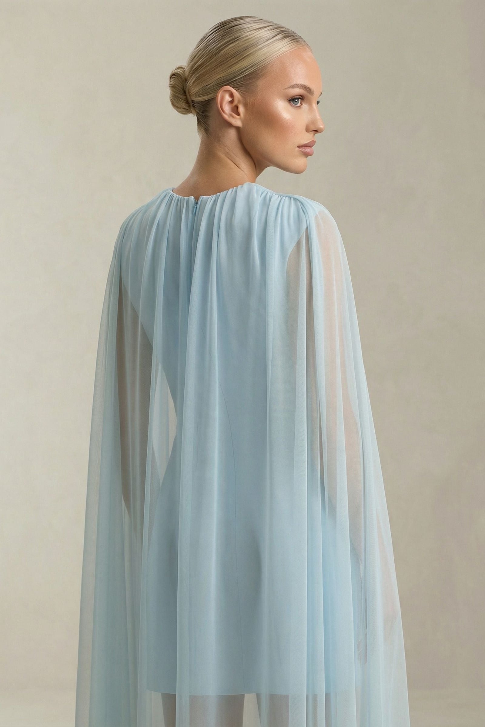 Etherea | Baby Blue High-Neck Maternity Mini Dress with Mesh Cape