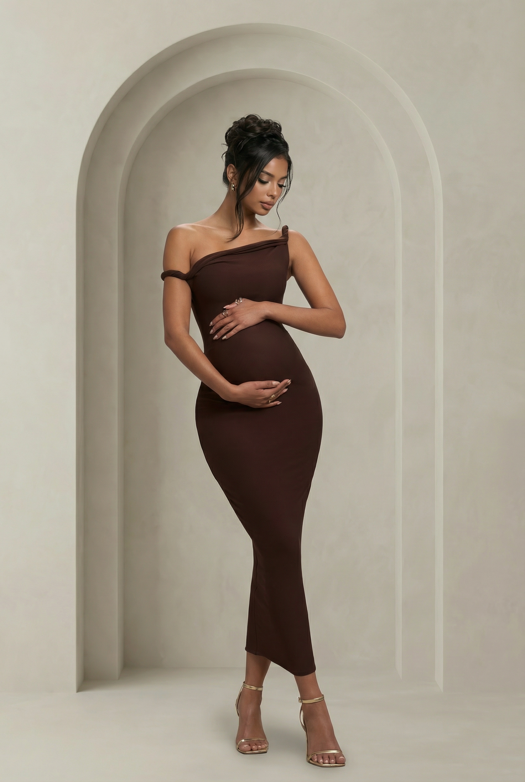 Noemi | Brown Choco Twisted Asymmetric Maternity Midi Dress
