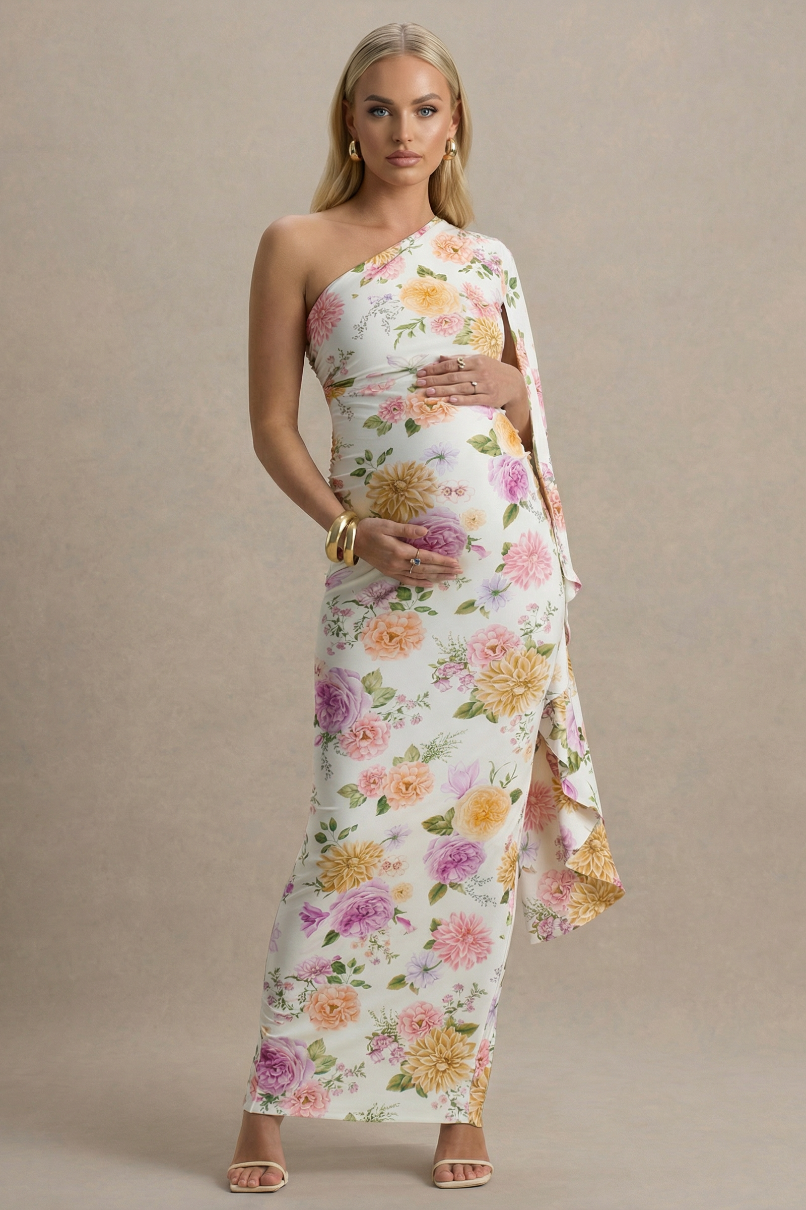Isla Rose | Porcelain Print Asymmetric Maternity Maxi Dress with Ruched Detailing