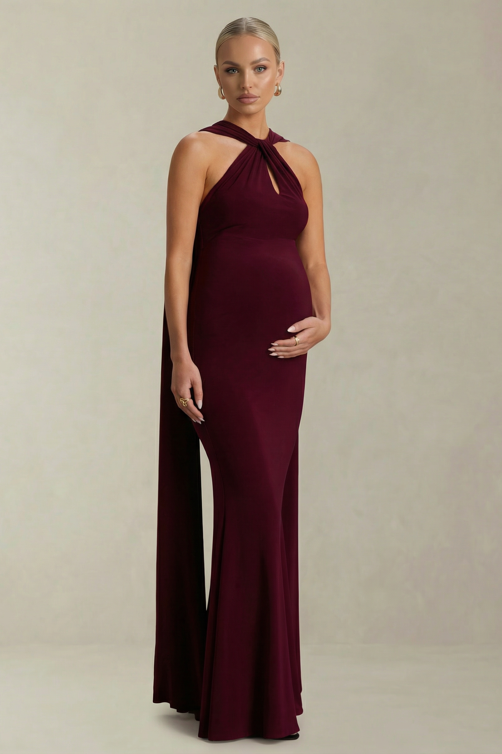 Calista | Burgundy Cross Halter-Neck Maternity Maxi Dress with Cape