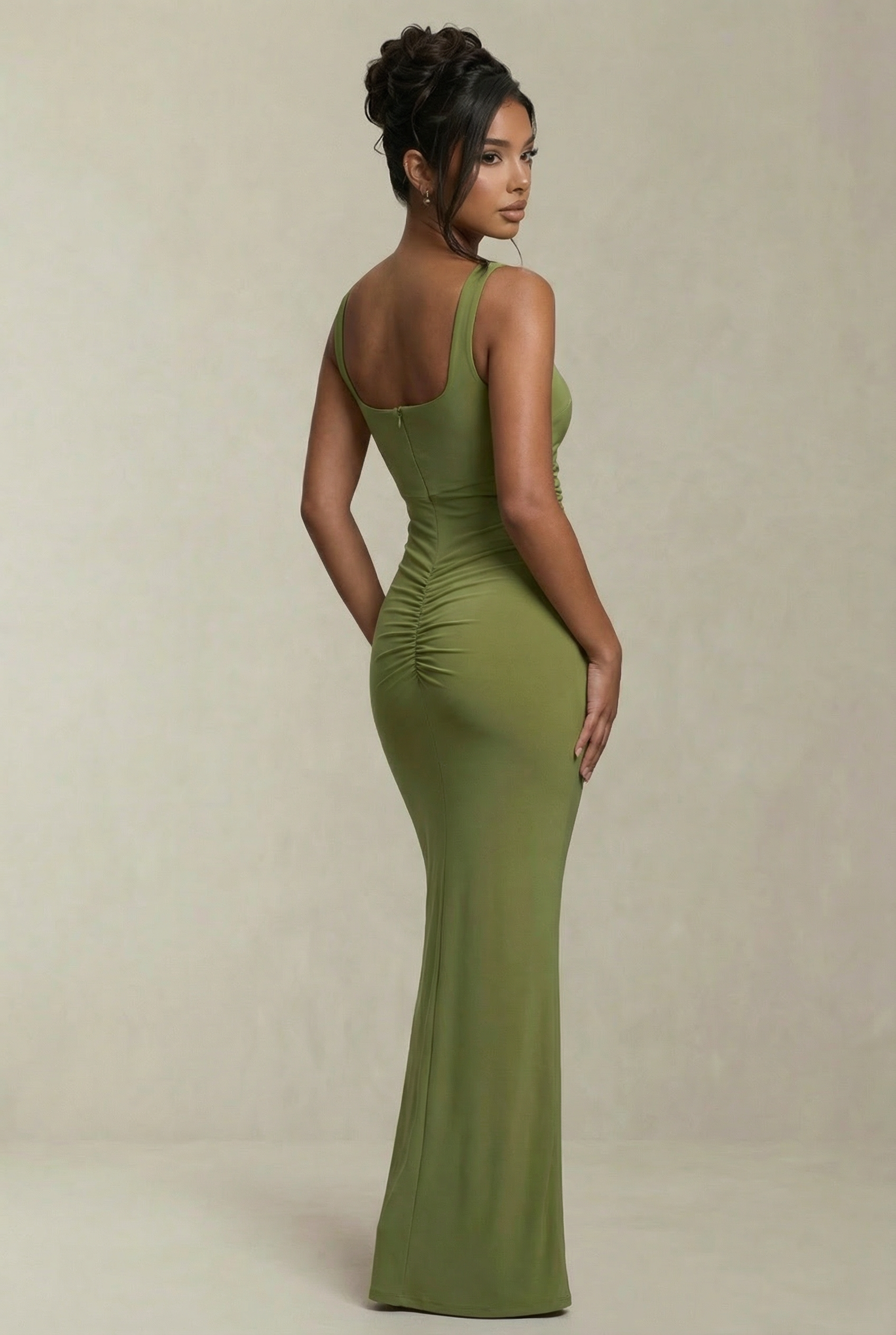 Alba | Olive Green Square-Neck Maternity Maxi Dress with Split