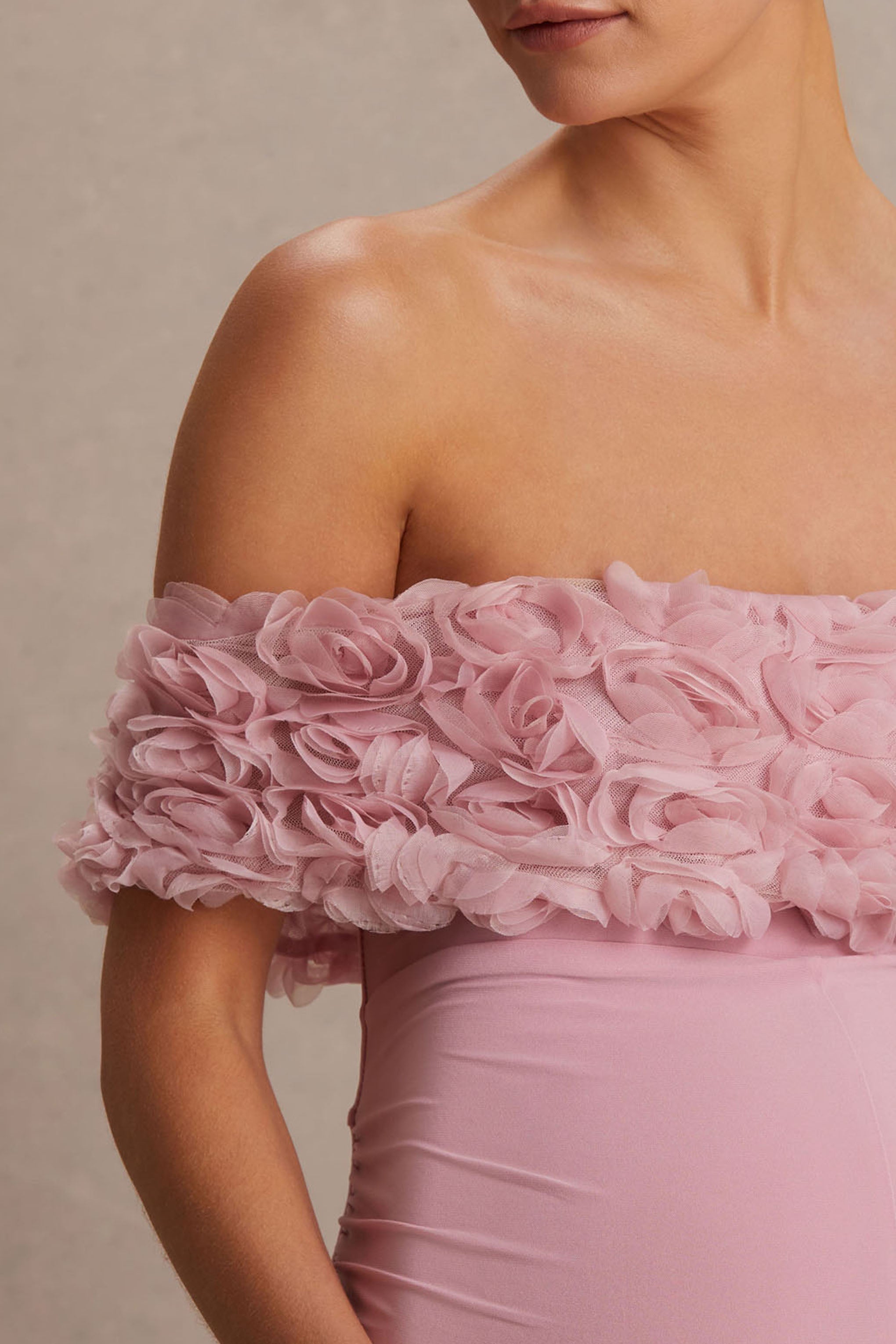 Rosaline | Pink Blush Bardot Maternity Jumpsuit with Corsage Detail