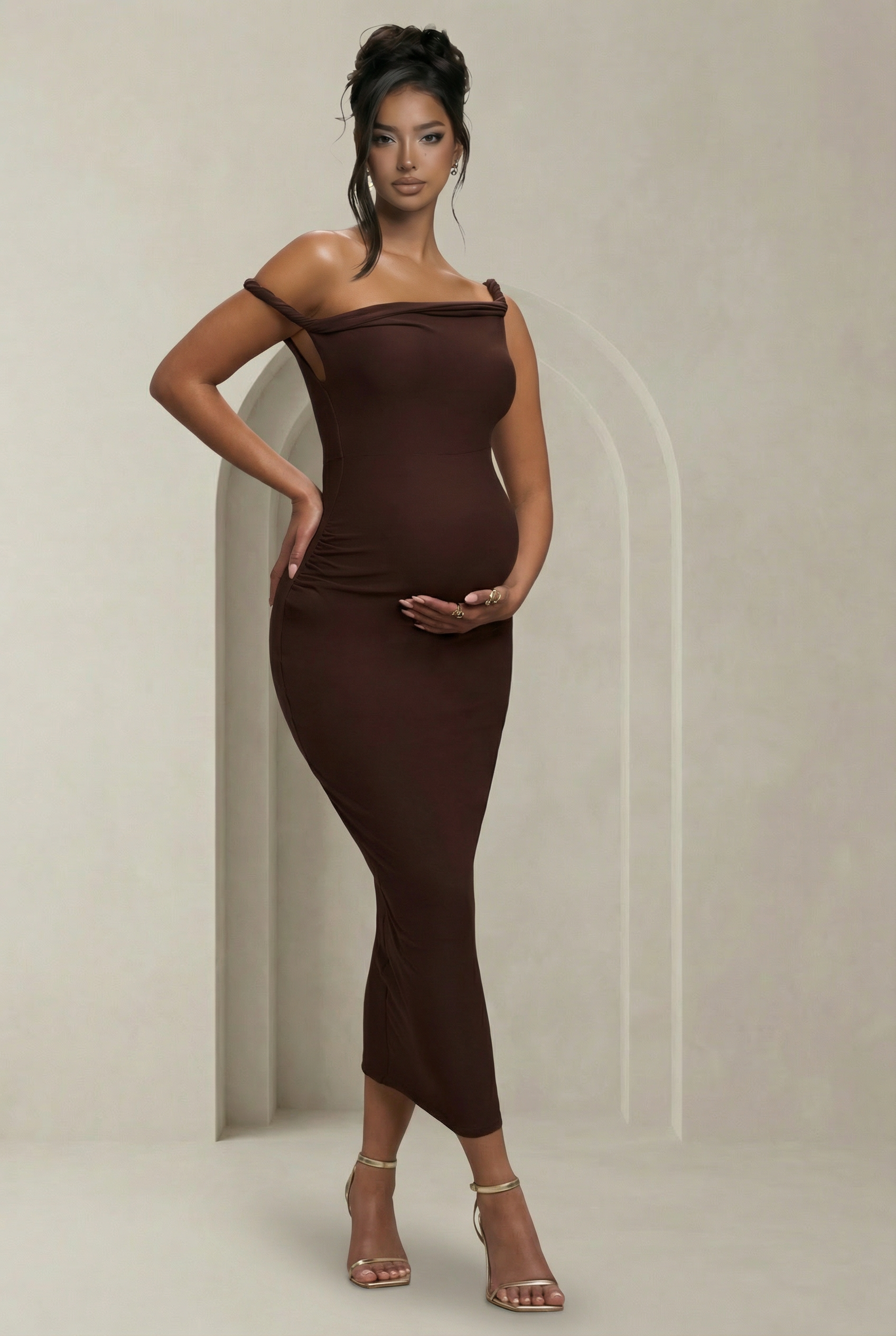 Noemi | Brown Choco Twisted Asymmetric Maternity Midi Dress