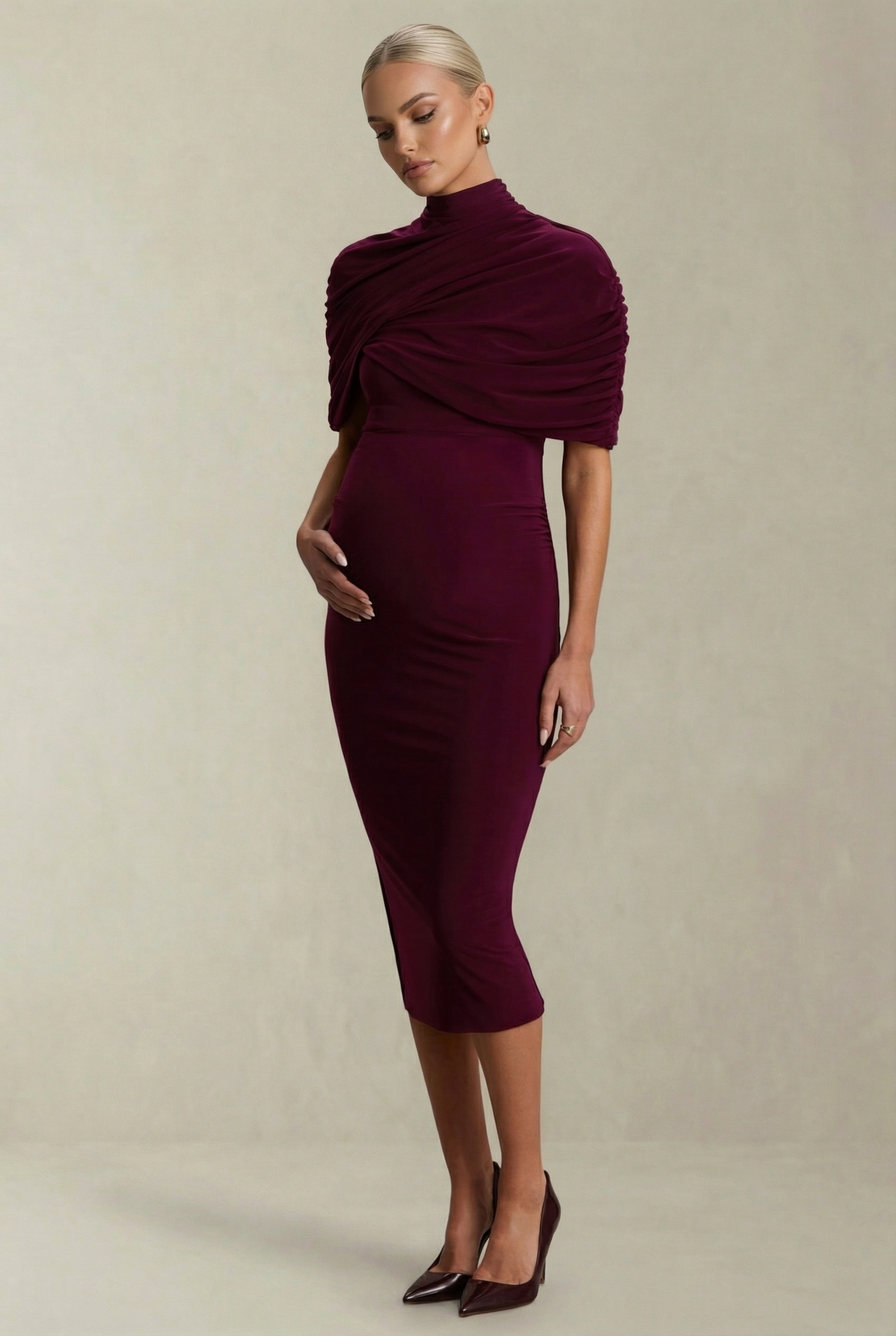 Celestine | Burgundy Maternity Midi Dress with Cape Sleeves