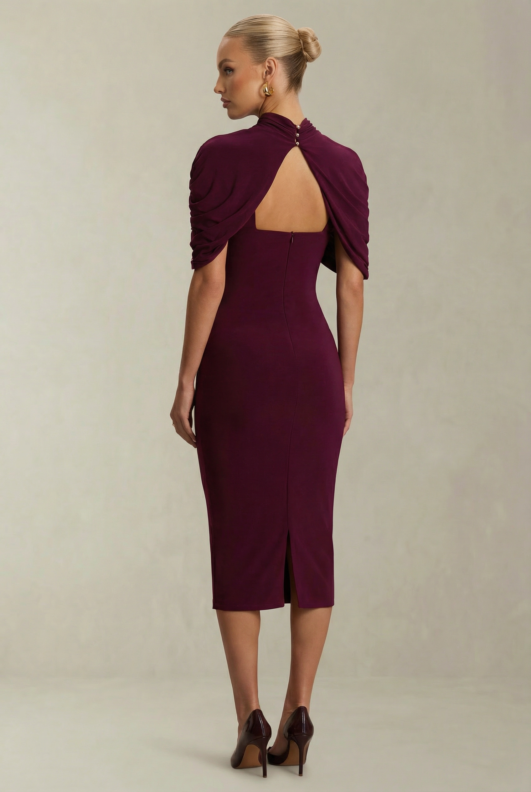 Celestine | Burgundy Maternity Midi Dress with Cape Sleeves
