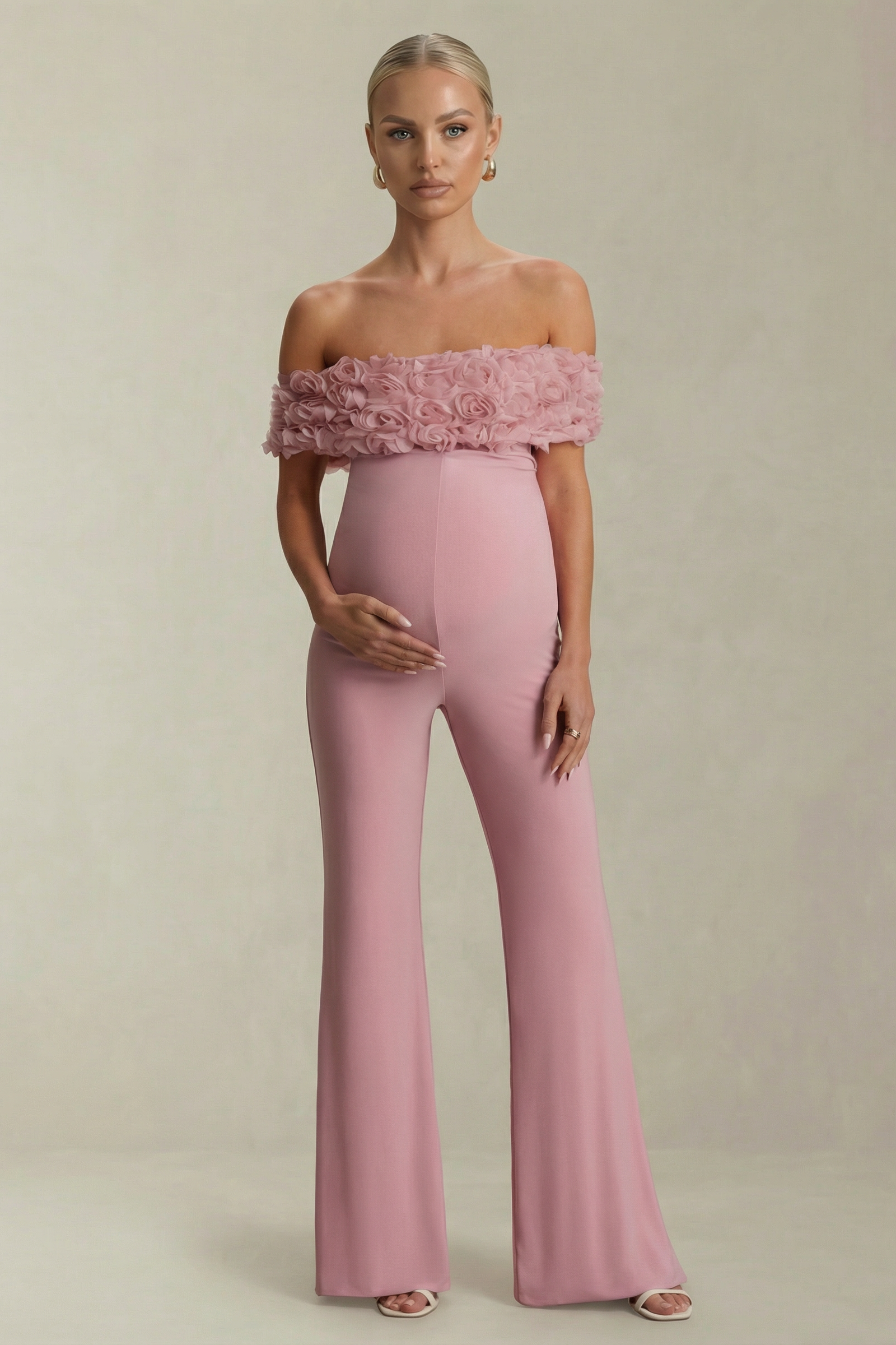 Rosaline | Pink Blush Bardot Maternity Jumpsuit with Corsage Detail