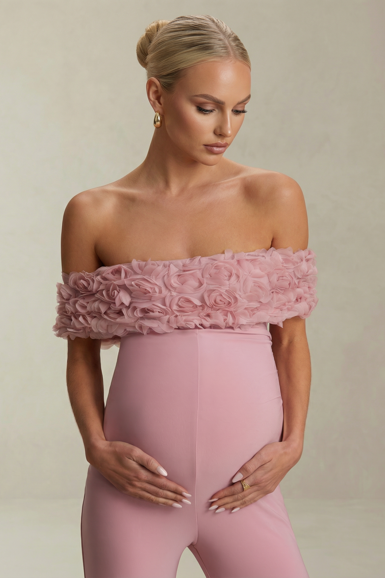 Rosaline | Pink Blush Bardot Maternity Jumpsuit with Corsage Detail