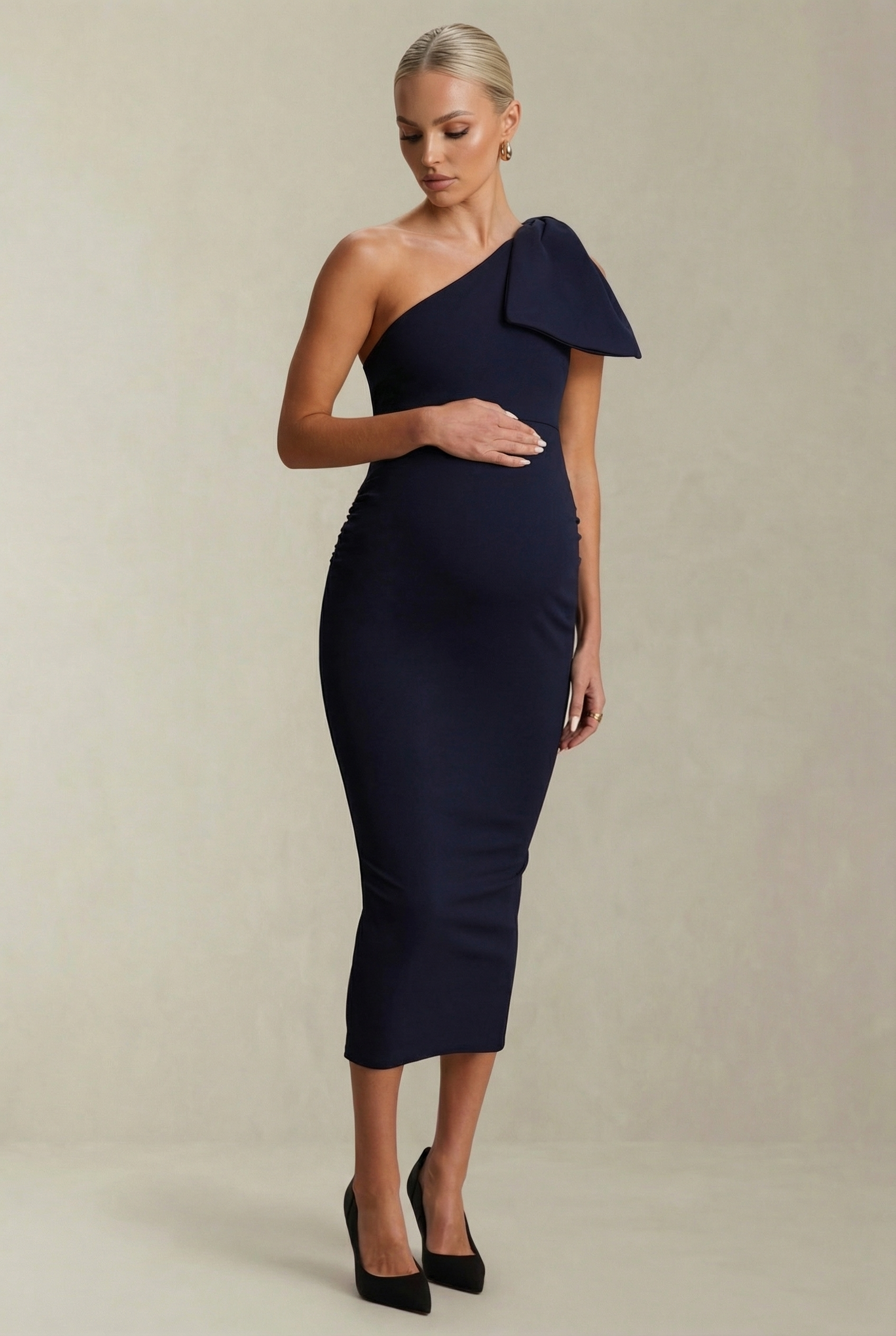Maribel | Navy Asymmetric Maternity Midi Dress with Shoulder Bow Detail
