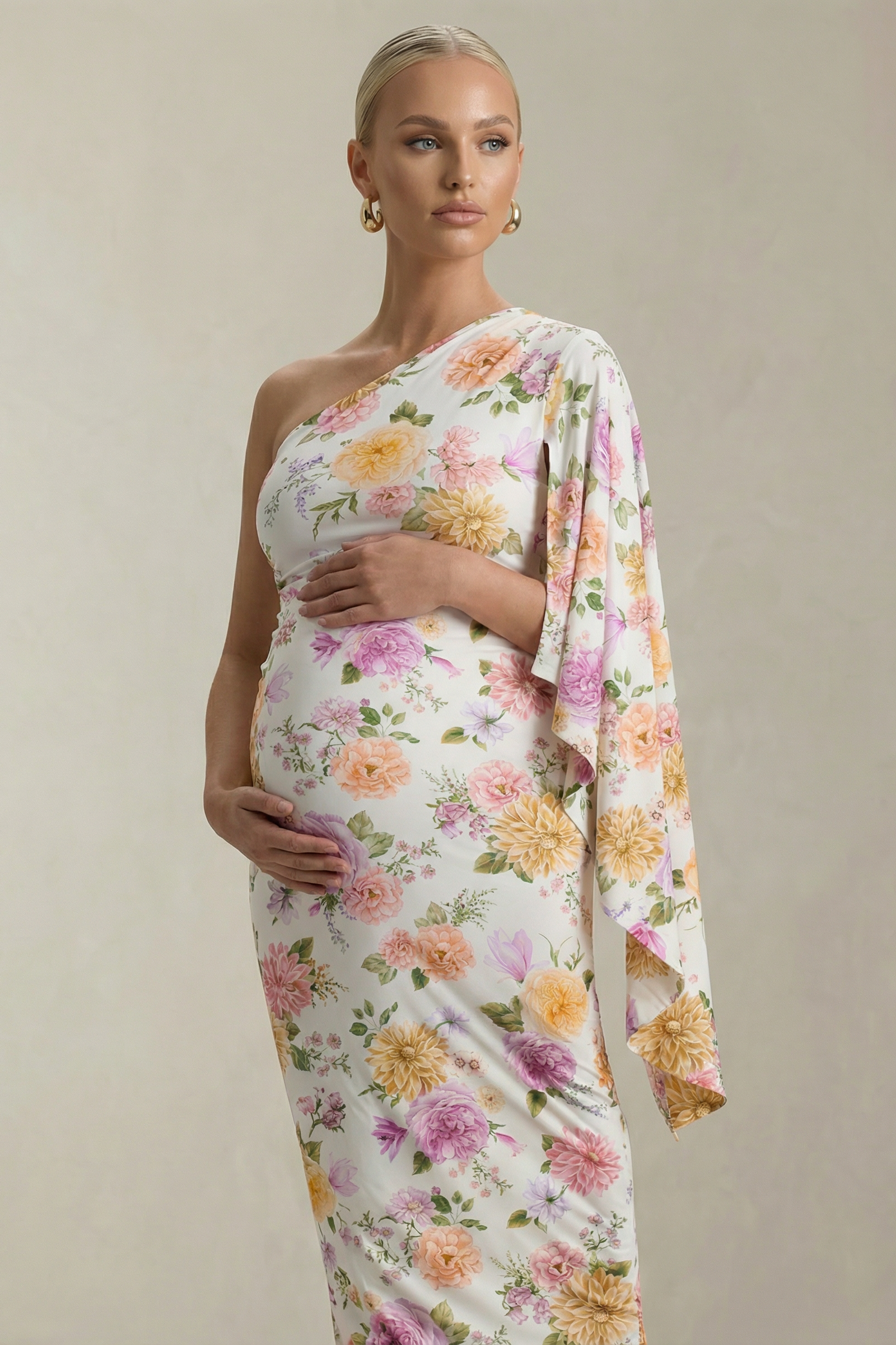 Isla Rose | Porcelain Print Asymmetric Maternity Maxi Dress with Ruched Detailing