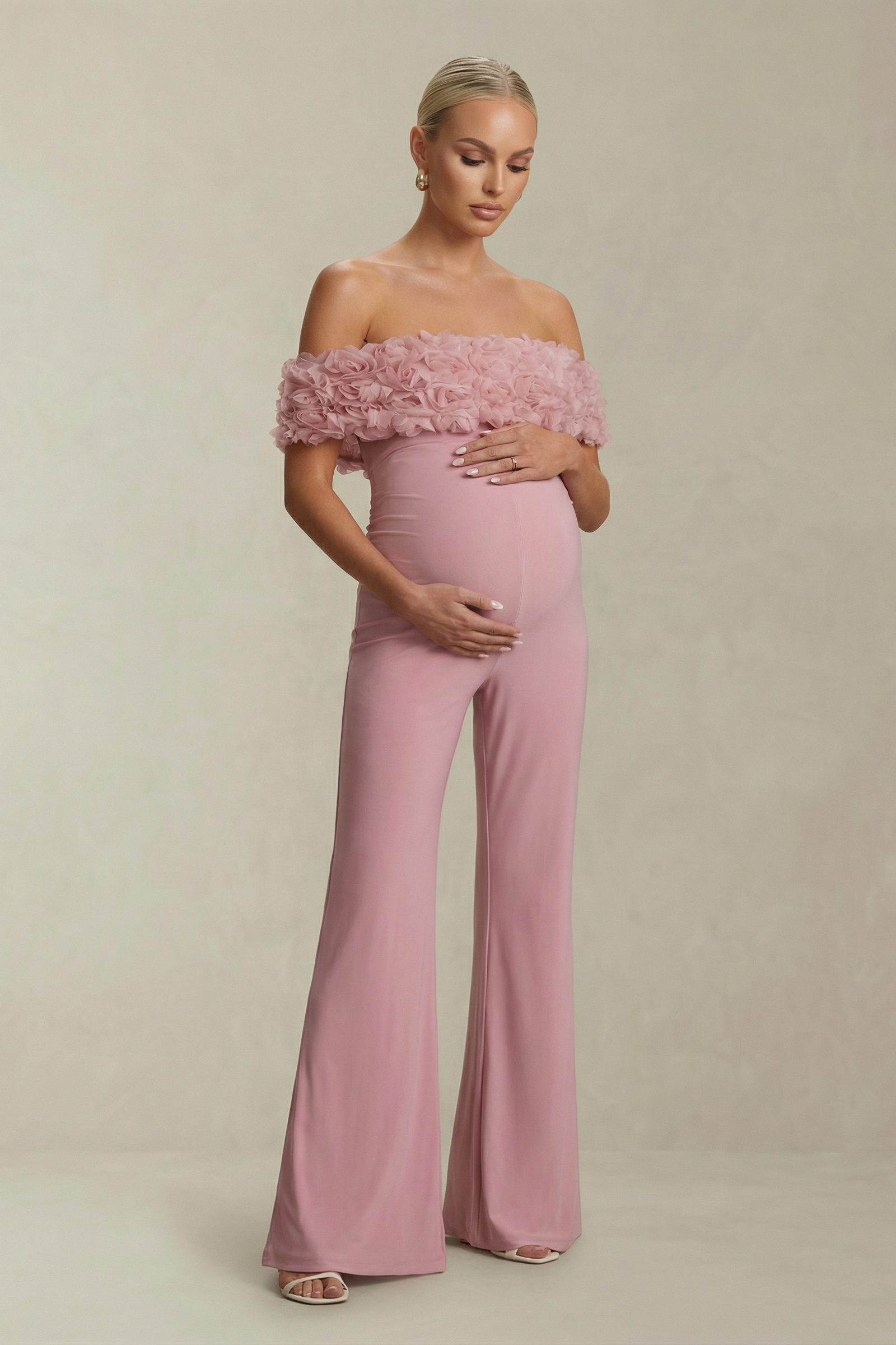Rosaline | Pink Blush Bardot Maternity Jumpsuit with Corsage Detail