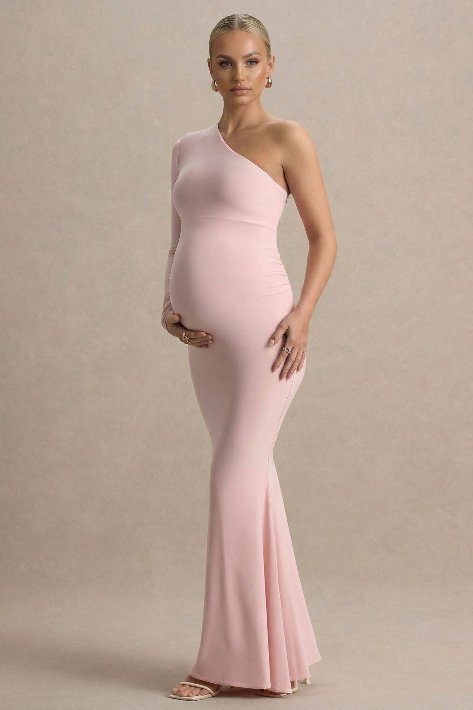 Elaraine | Pink Blush Asymmetric One-Sleeve Maternity Maxi Dress