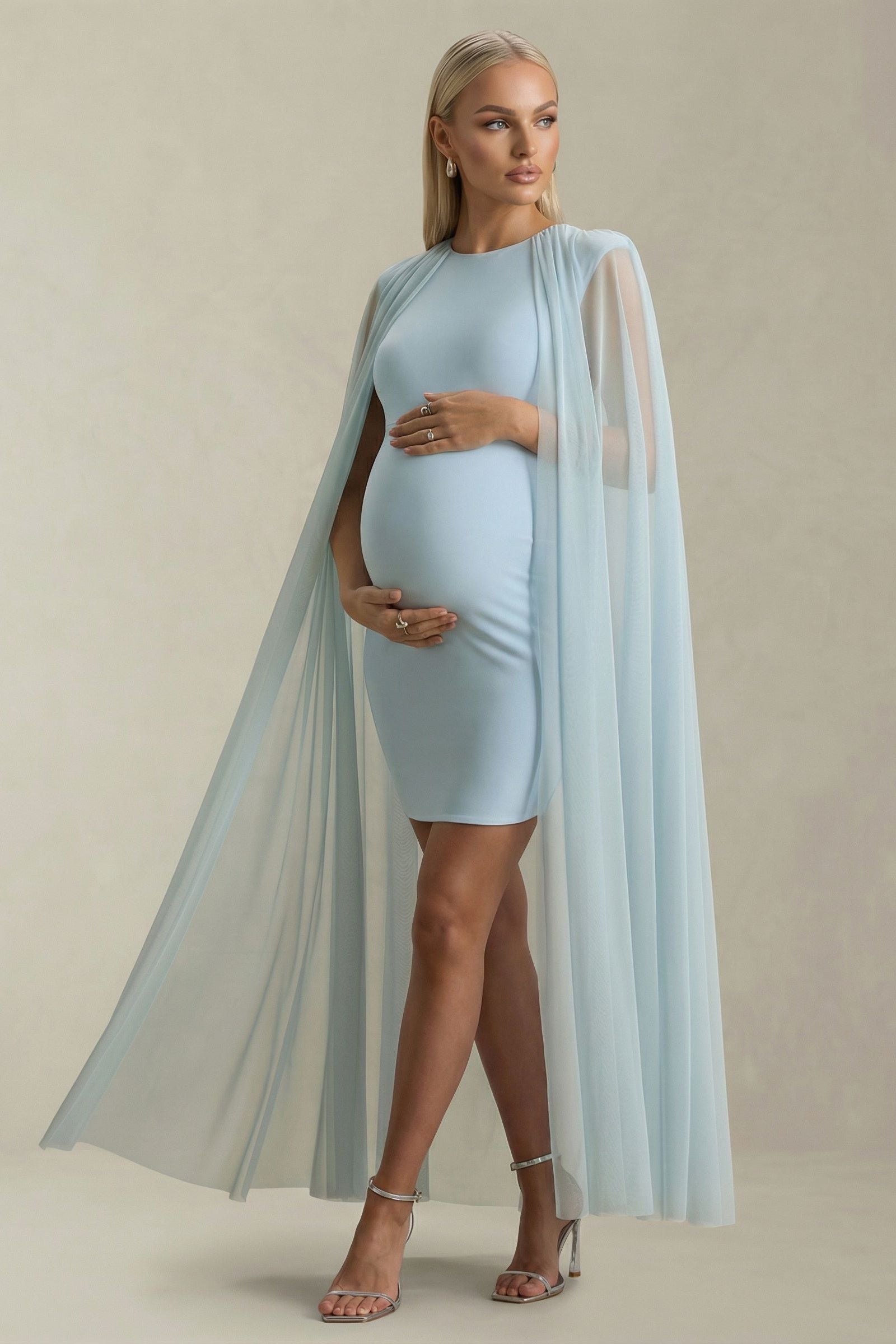 Etherea | Baby Blue High-Neck Maternity Mini Dress with Mesh Cape