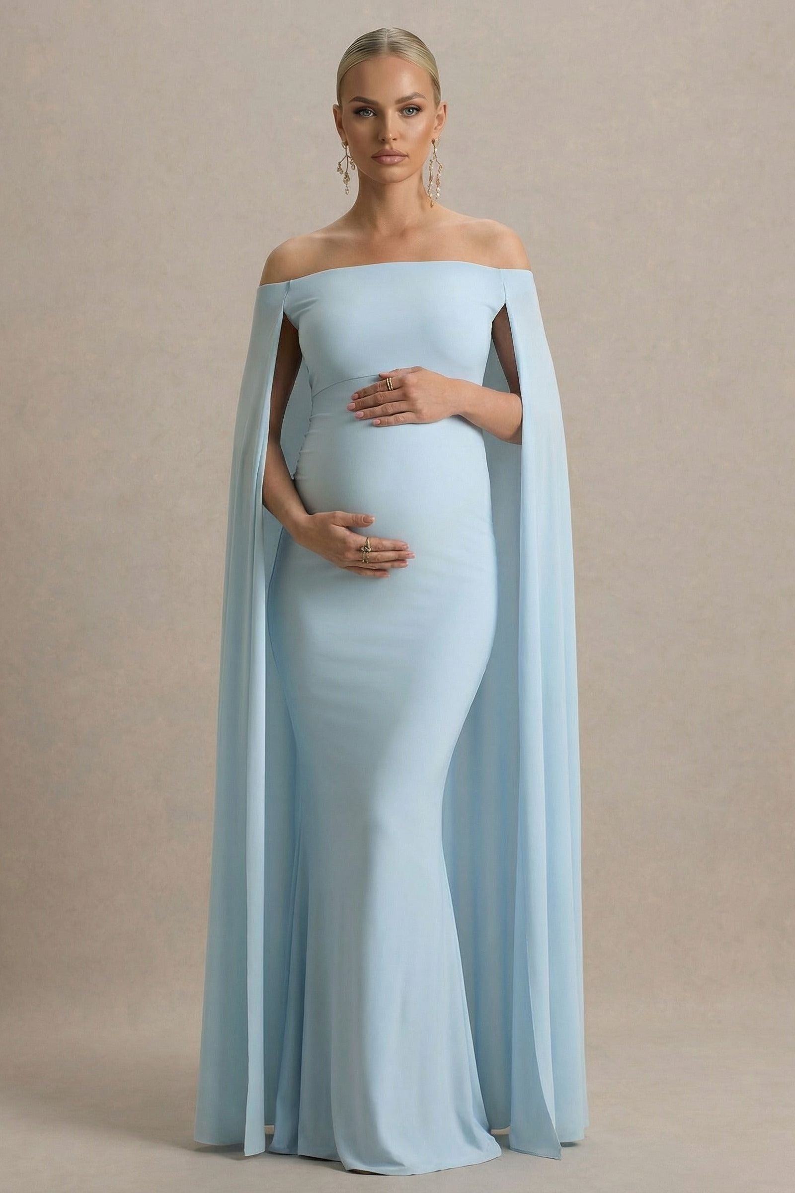 Lumina | Baby Blue Bardot Maternity Maxi Dress with Cape