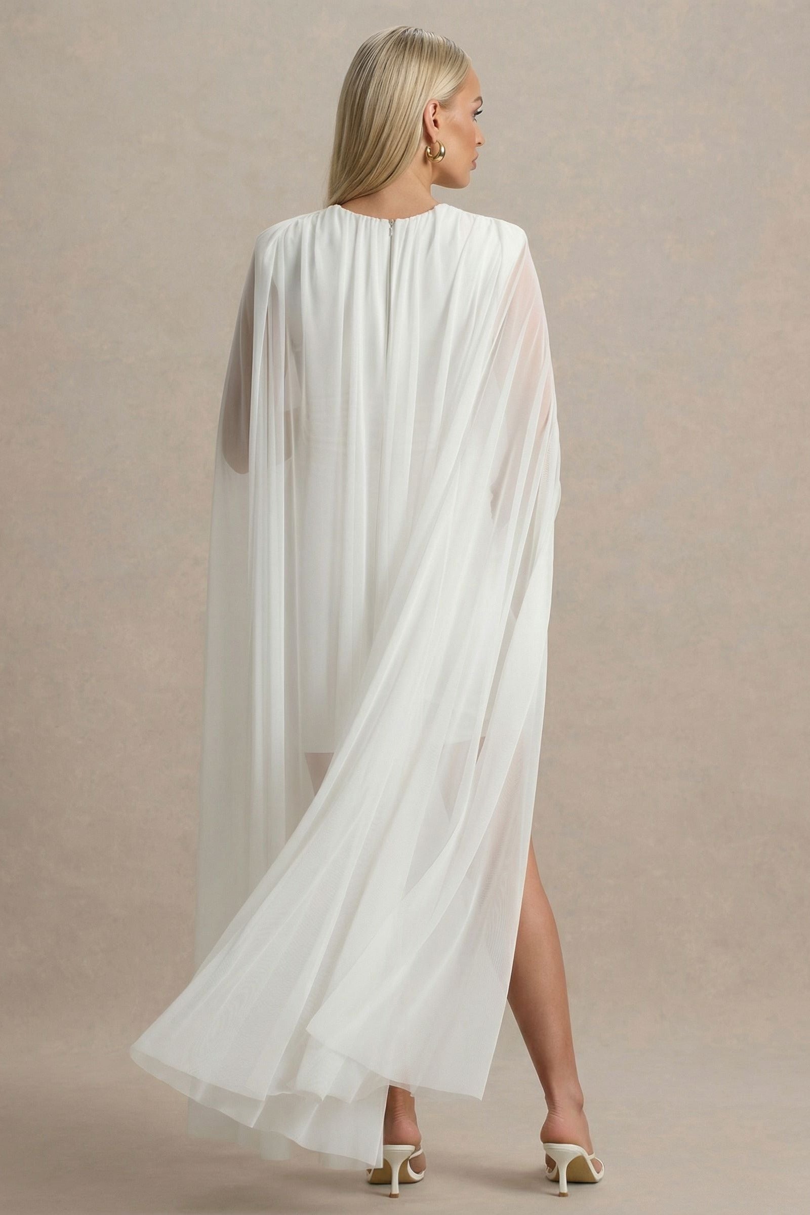 Etherea | White High-Neck Maternity Mini Dress with Mesh Cape