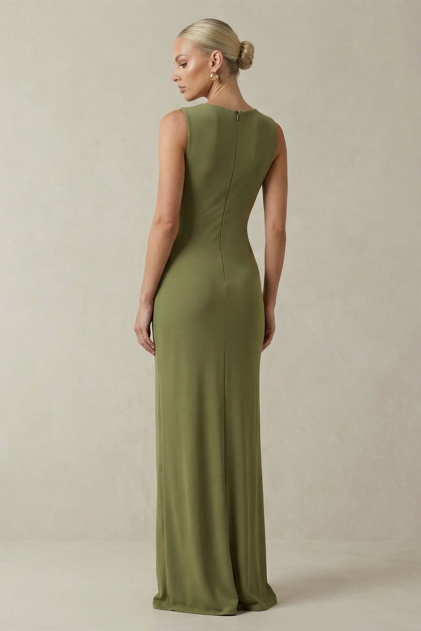 Astra | Olive Green Boat-Neck Maternity Maxi Dress with Gathered Detailing