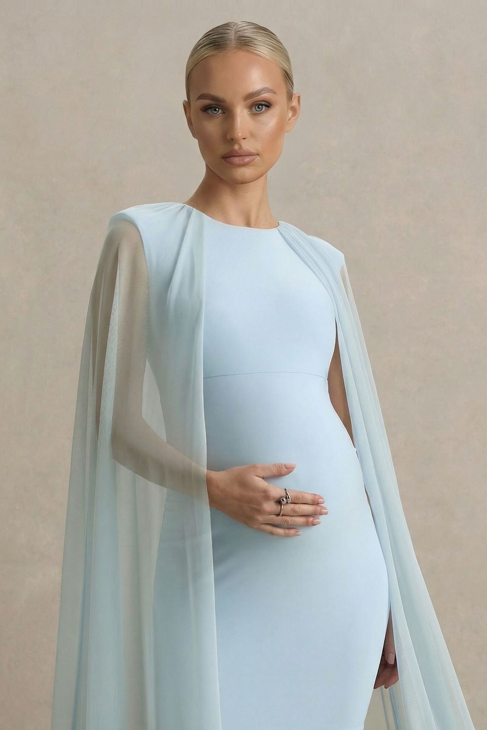 Etherea | Baby Blue High-Neck Maternity Mini Dress with Mesh Cape
