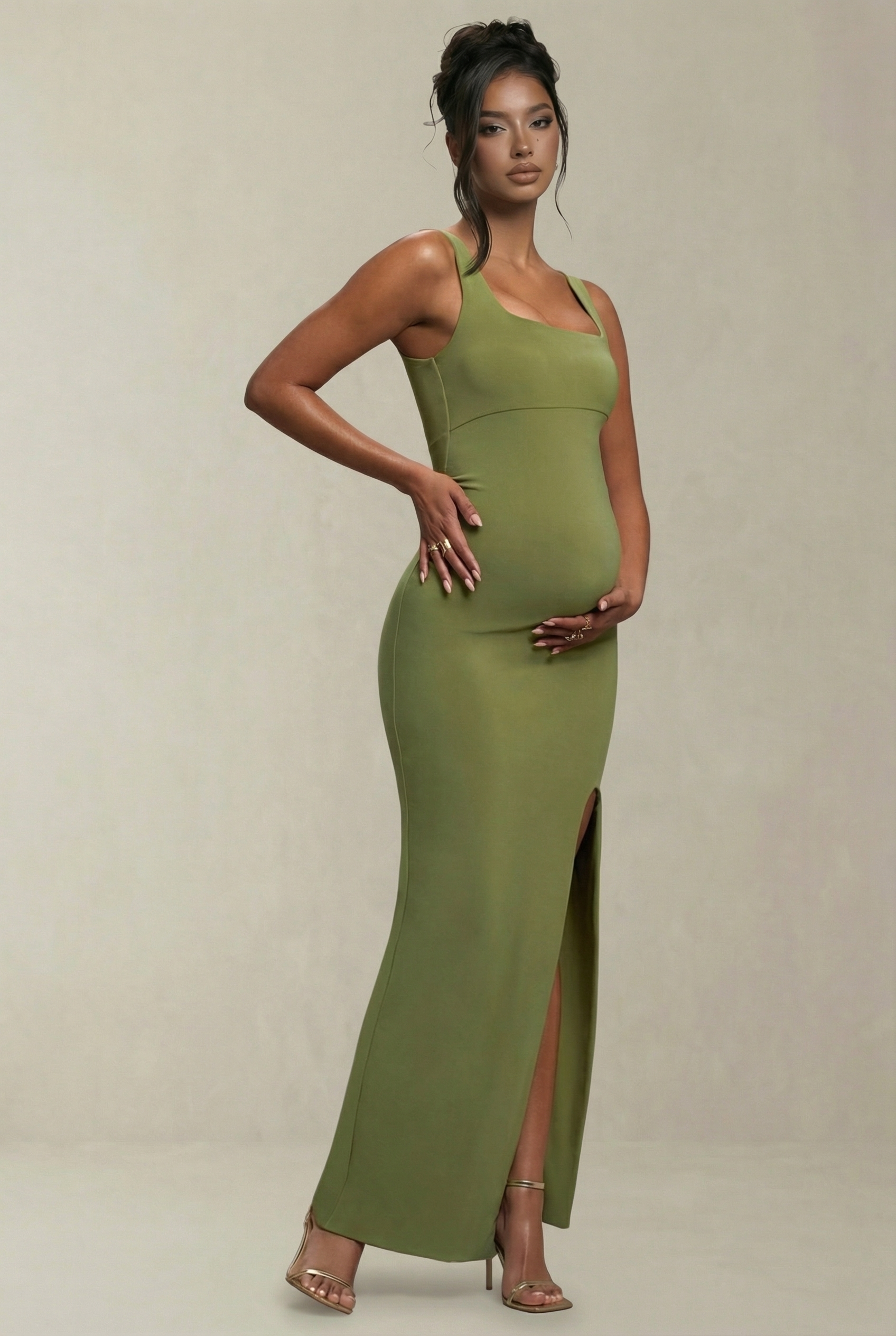 Alba | Olive Green Square-Neck Maternity Maxi Dress with Split