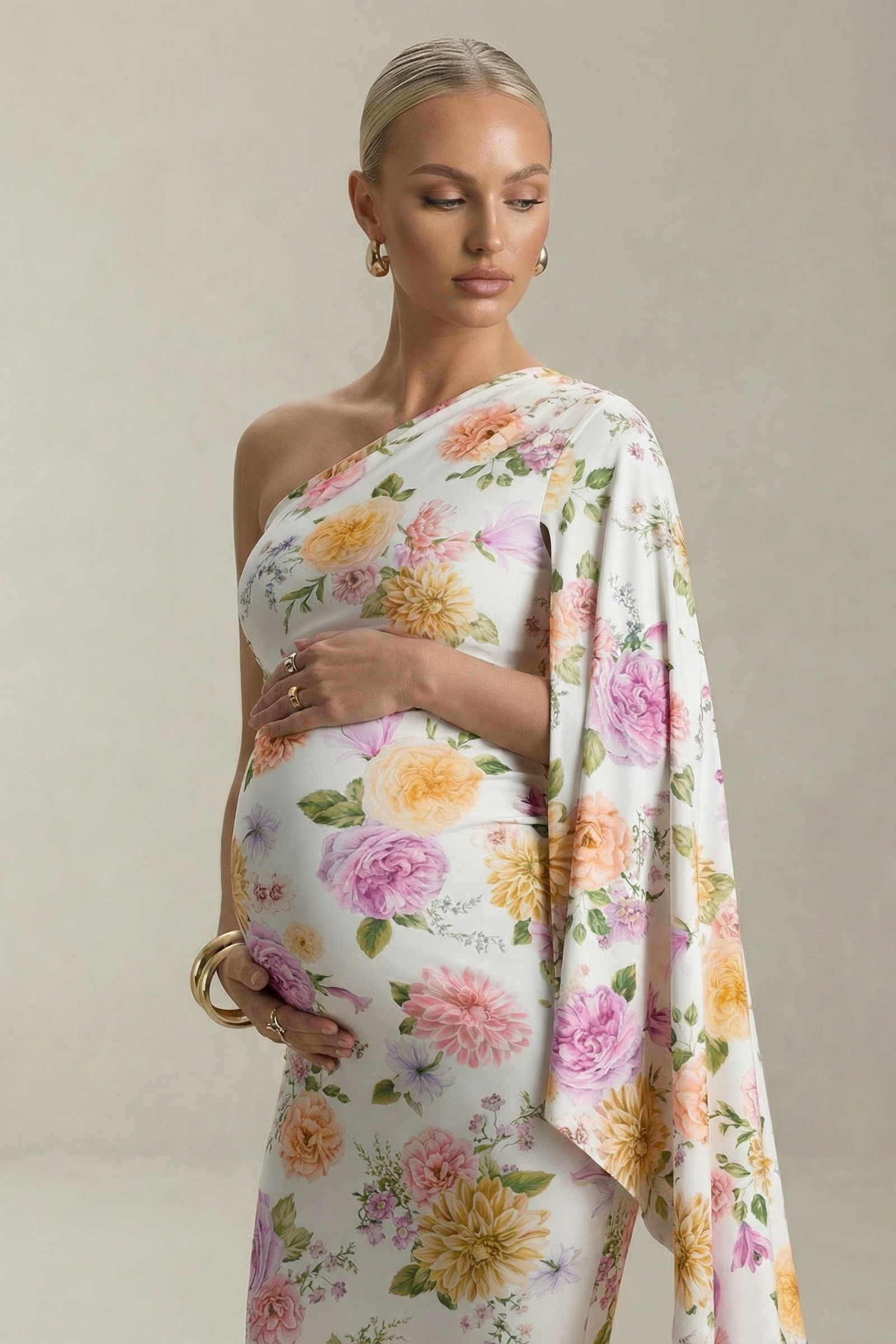 Isla Rose | Porcelain Print Asymmetric Maternity Maxi Dress with Ruched Detailing