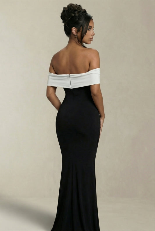 Blossom | Black & White Bardot Maternity Maxi Dress with Flower Corsage