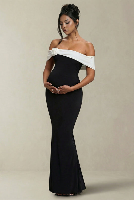 Blossom | Black & White Bardot Maternity Maxi Dress with Flower Corsage