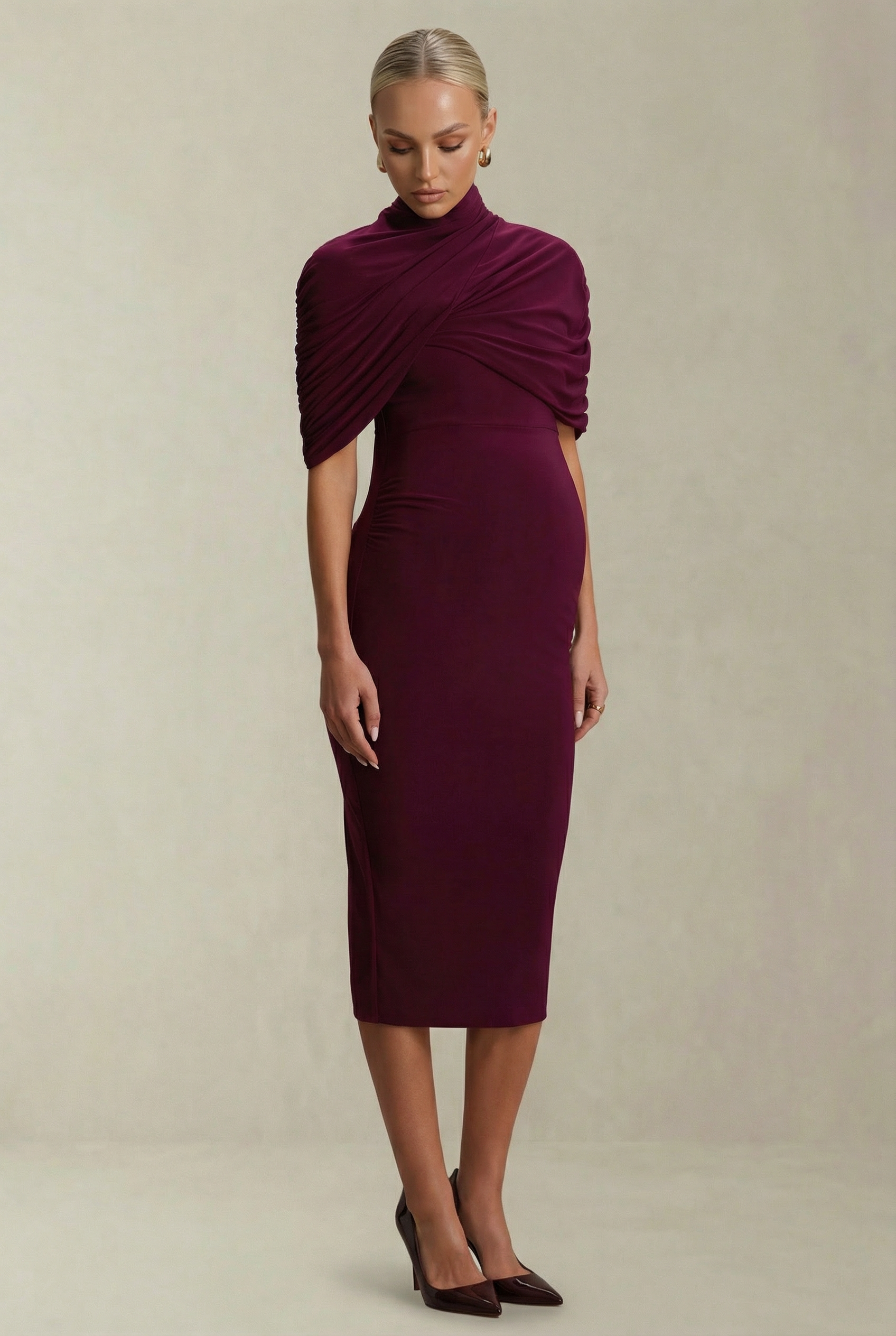 Celestine | Burgundy Maternity Midi Dress with Cape Sleeves