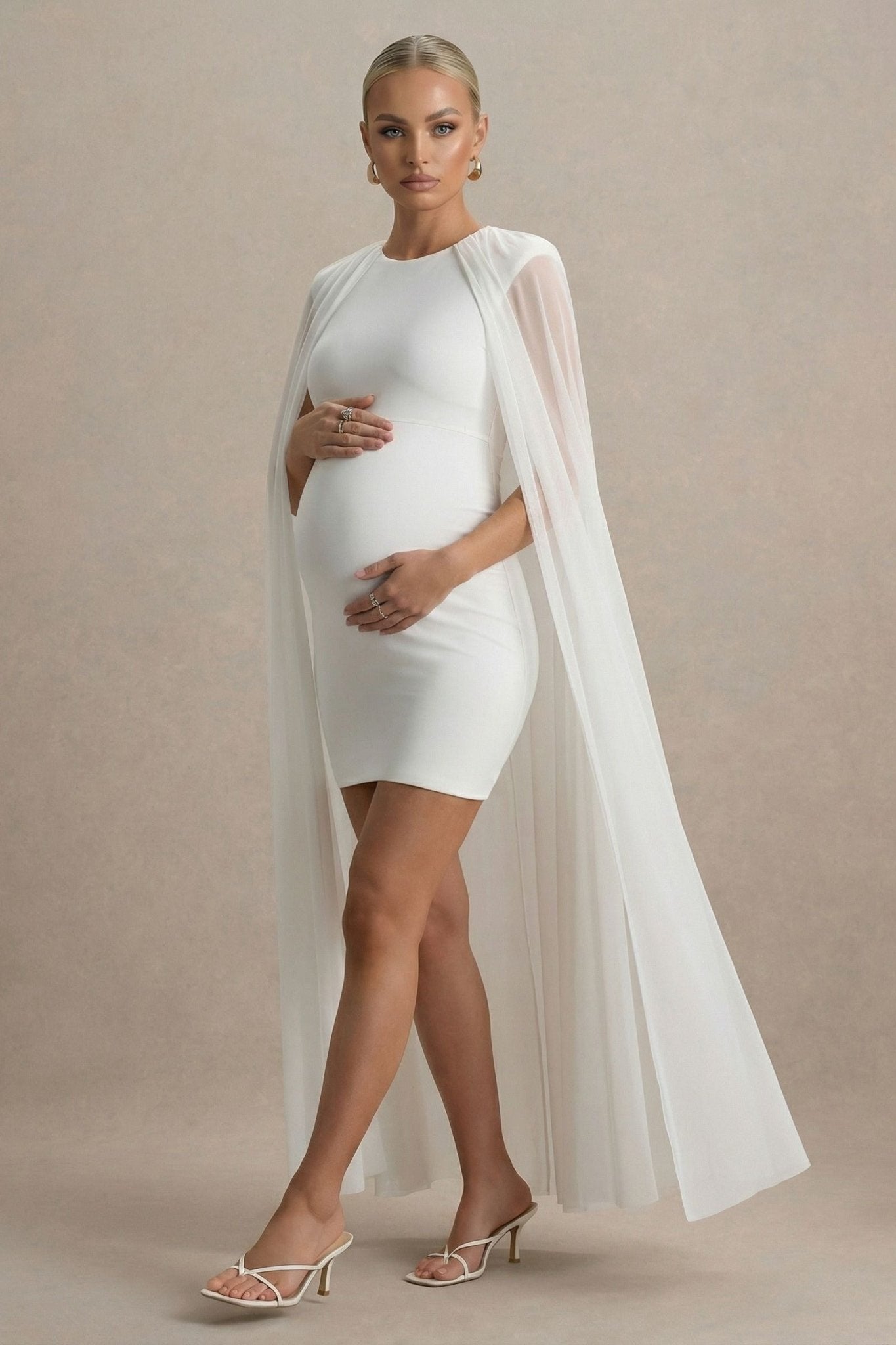 Etherea | White High - Neck Maternity Mini Dress with Mesh Cape - Belly & Beyond