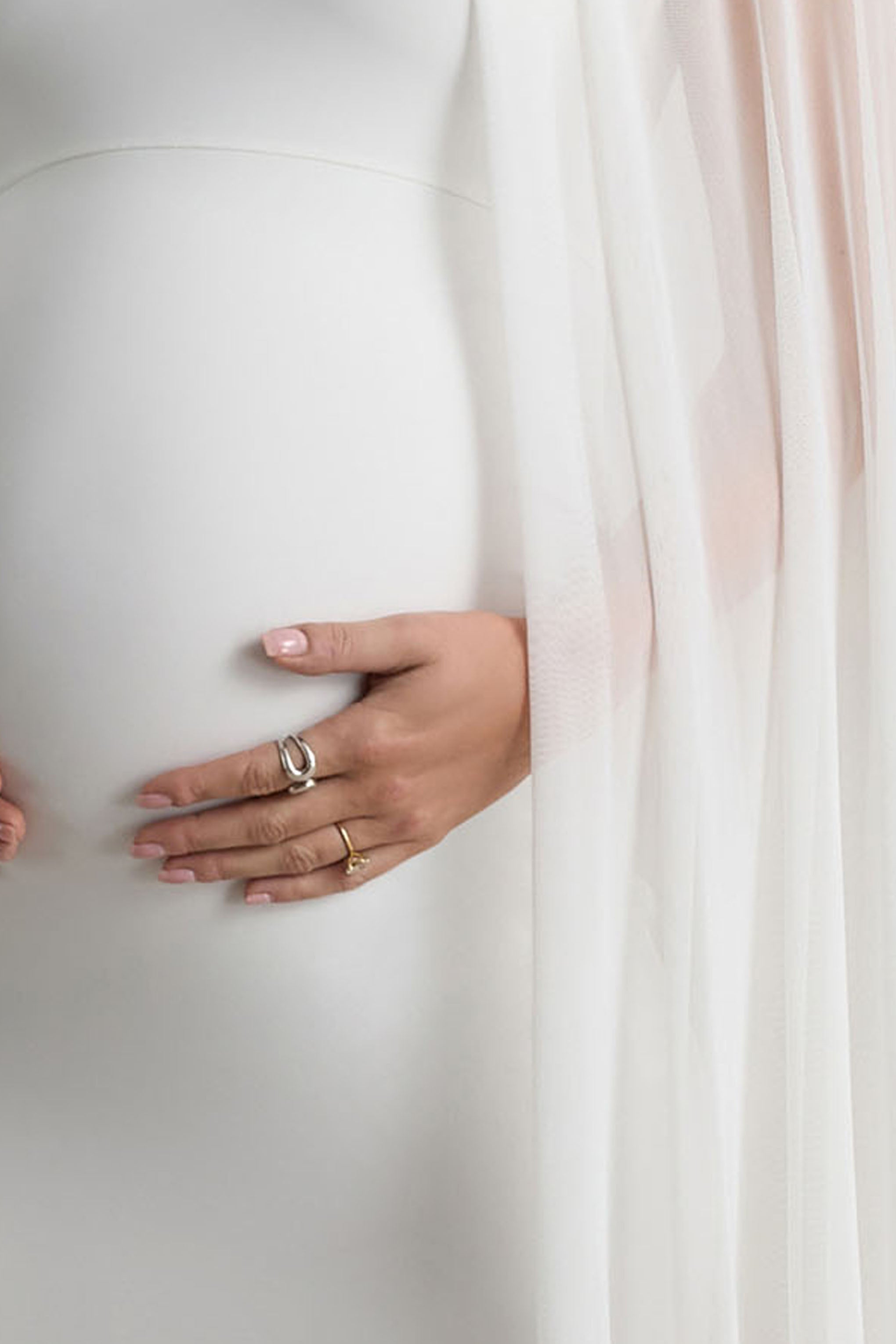 Etherea | White High-Neck Maternity Mini Dress with Mesh Cape